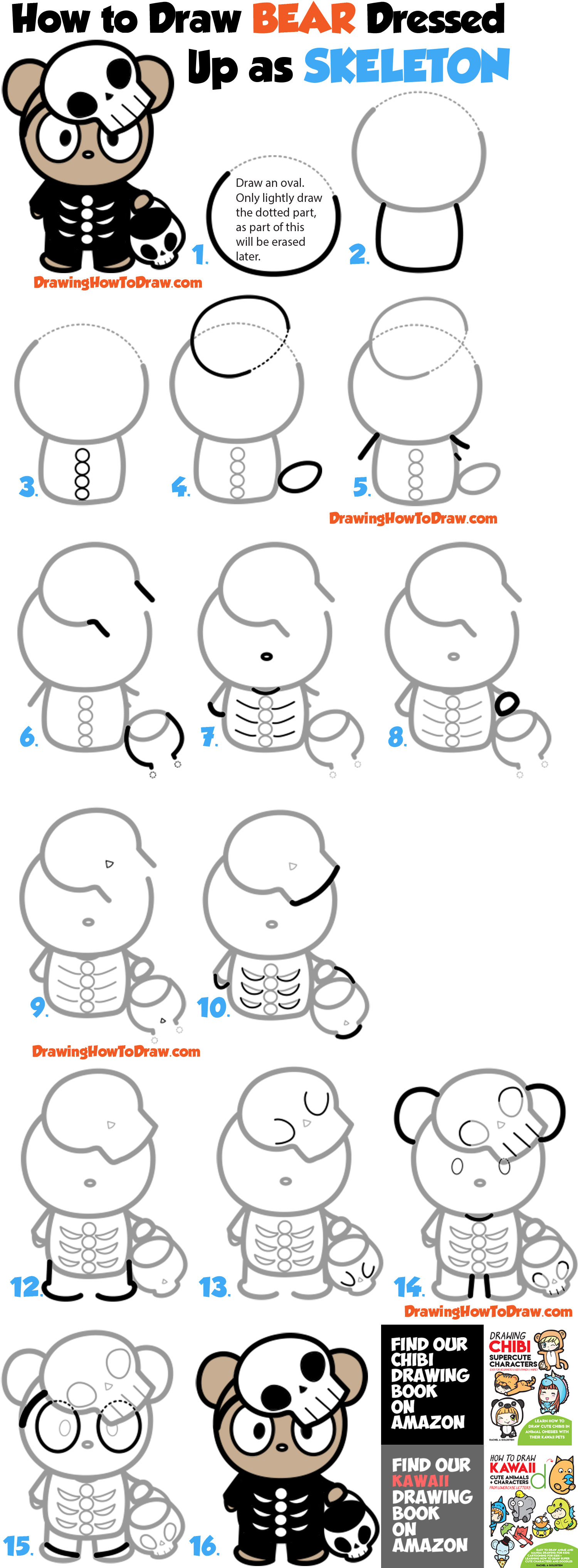 How to Draw a Cute Cartoon Bear Trick-or-Treater Dressed Up as a Skeleton for Halloween Easy Steps Drawing Lesson for Kids