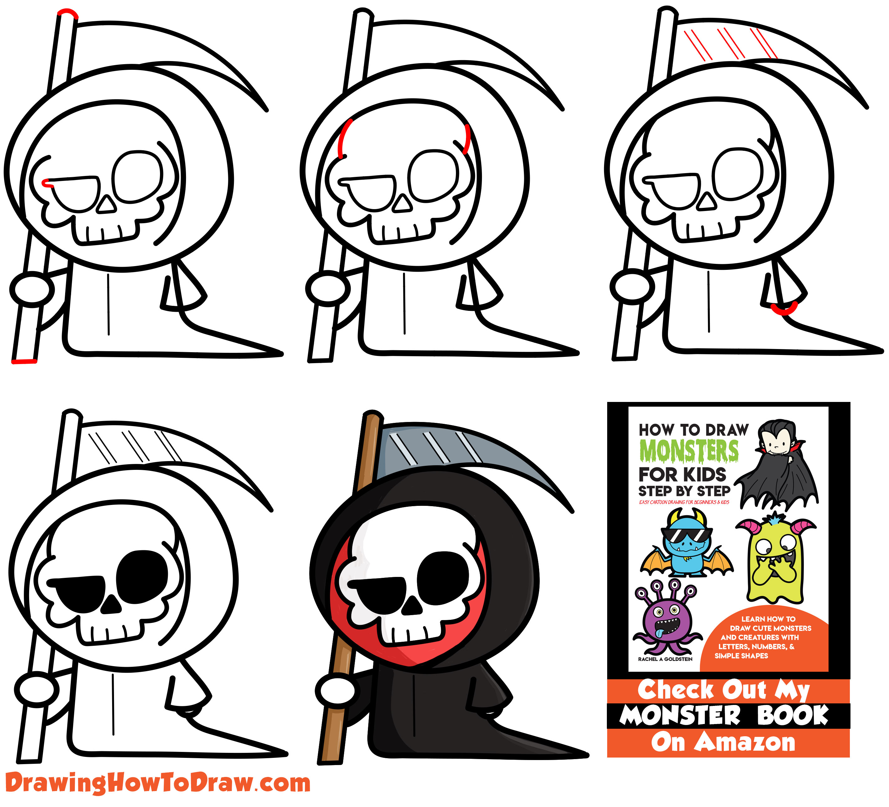 Learn How to Draw a Cute Cartoon Grim Reaper (Kawaii / Chibi) Simple Steps Drawing Lesson for Kids & Beginners