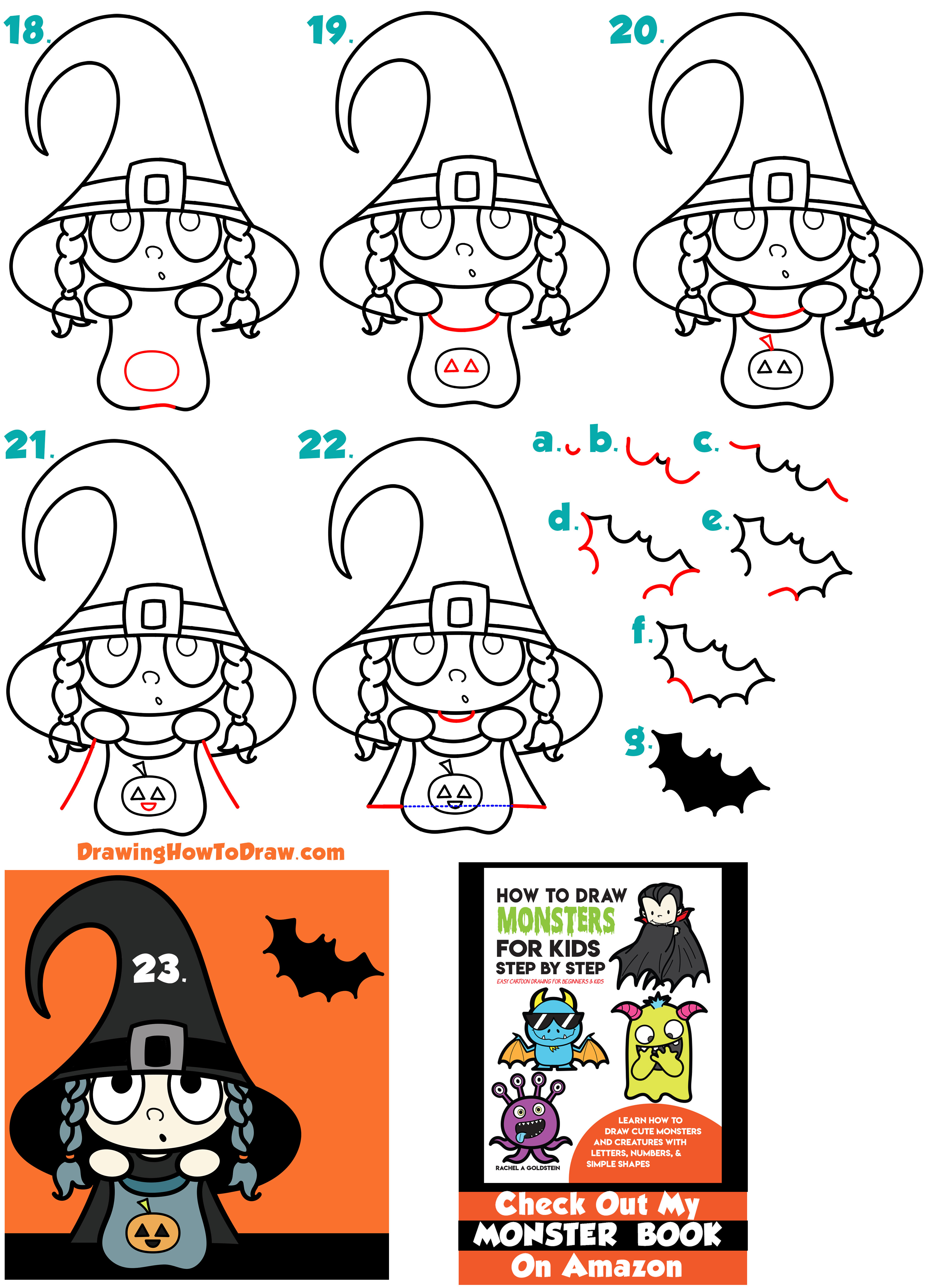 How to Draw a Cute Cartoon Kid Dressed Up as a Witch for Halloween - Simple Steps Drawing Lesson for Kids & Beginners