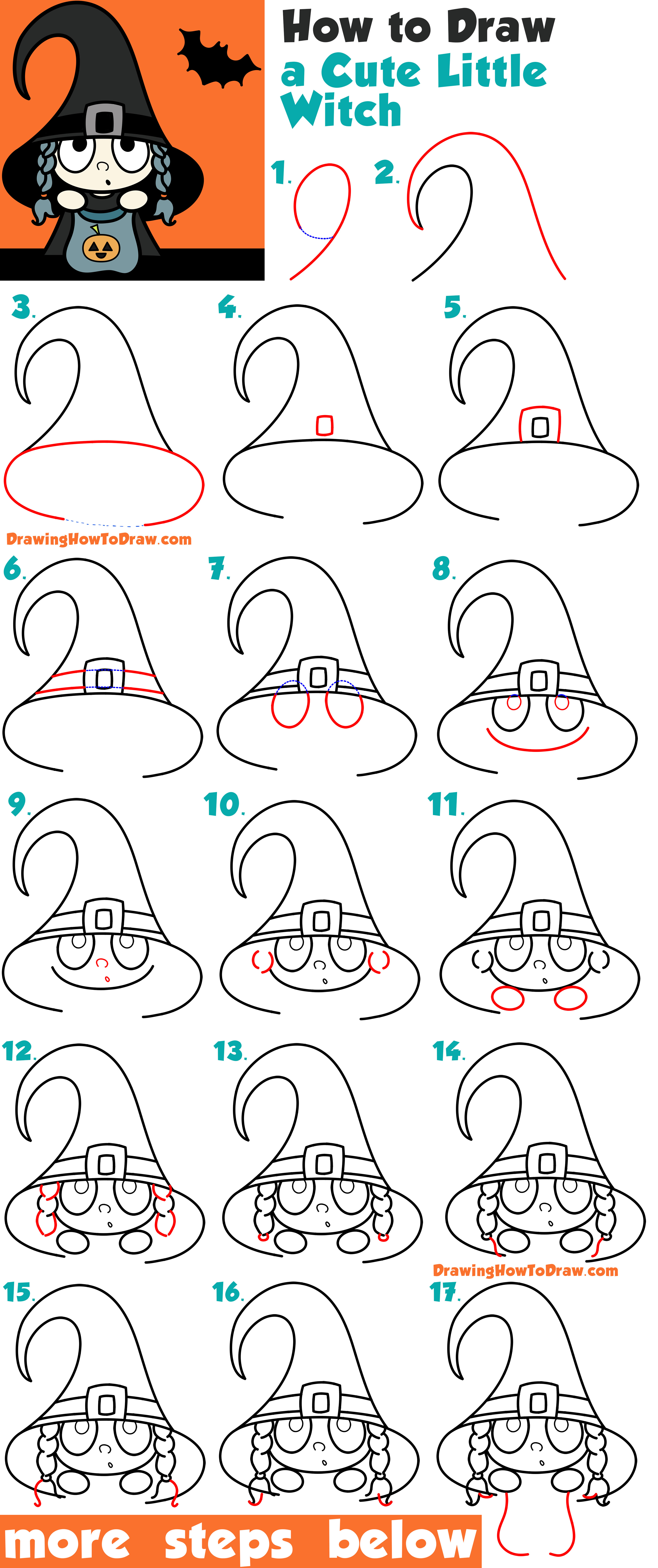 Learn How to Draw a Cute Cartoon Kid Dressed Up as a Witch for Halloween - Easy Step by Step Drawing Tutorial