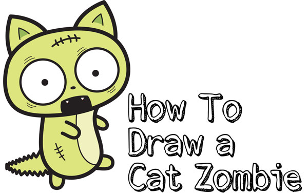 Learn How to Draw a Chibi / Kawaii Style Cat Zombie for Halloween Simple Steps Drawing Lesson for Kids & Beginners