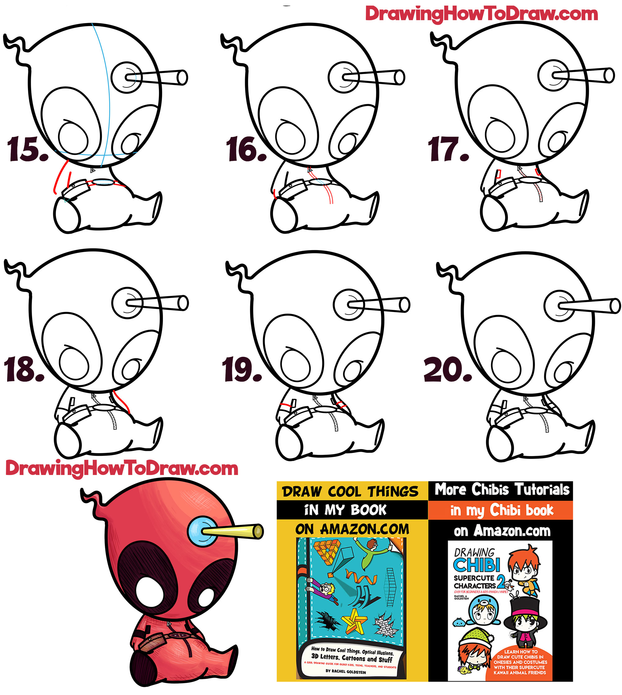 Learn How to Draw Cute Cartoon / Chibi Deadpool Simple Steps Drawing Lesson for Beginners