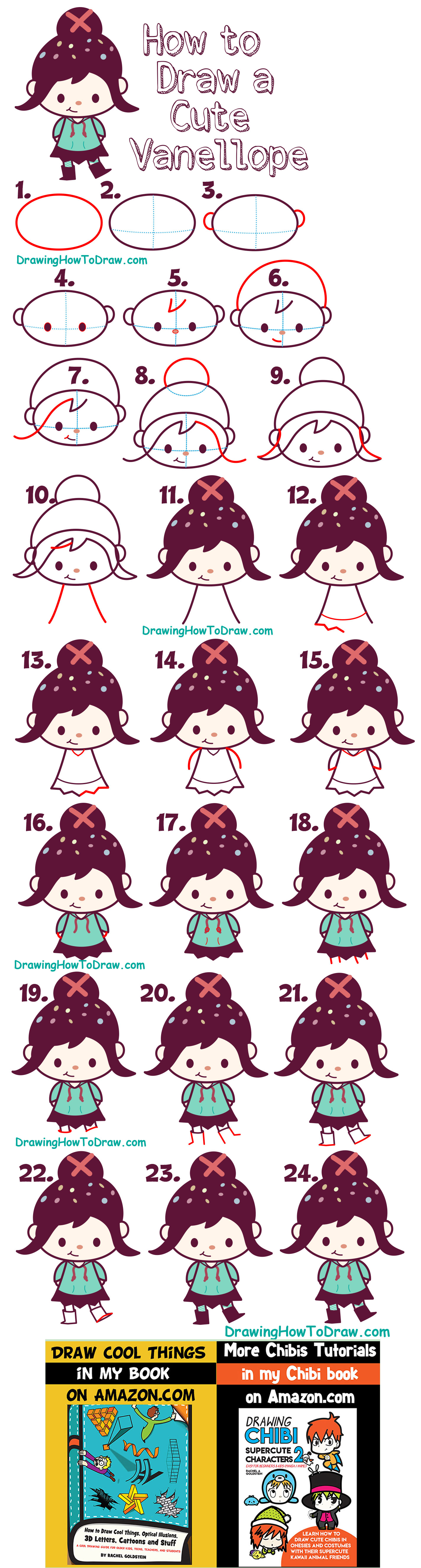 How to Draw Cute Kawaii Chibi Vanellope (Glitch) from Wreck It Ralph 2 - Simple Step by Step Drawing Tutorial for Kids