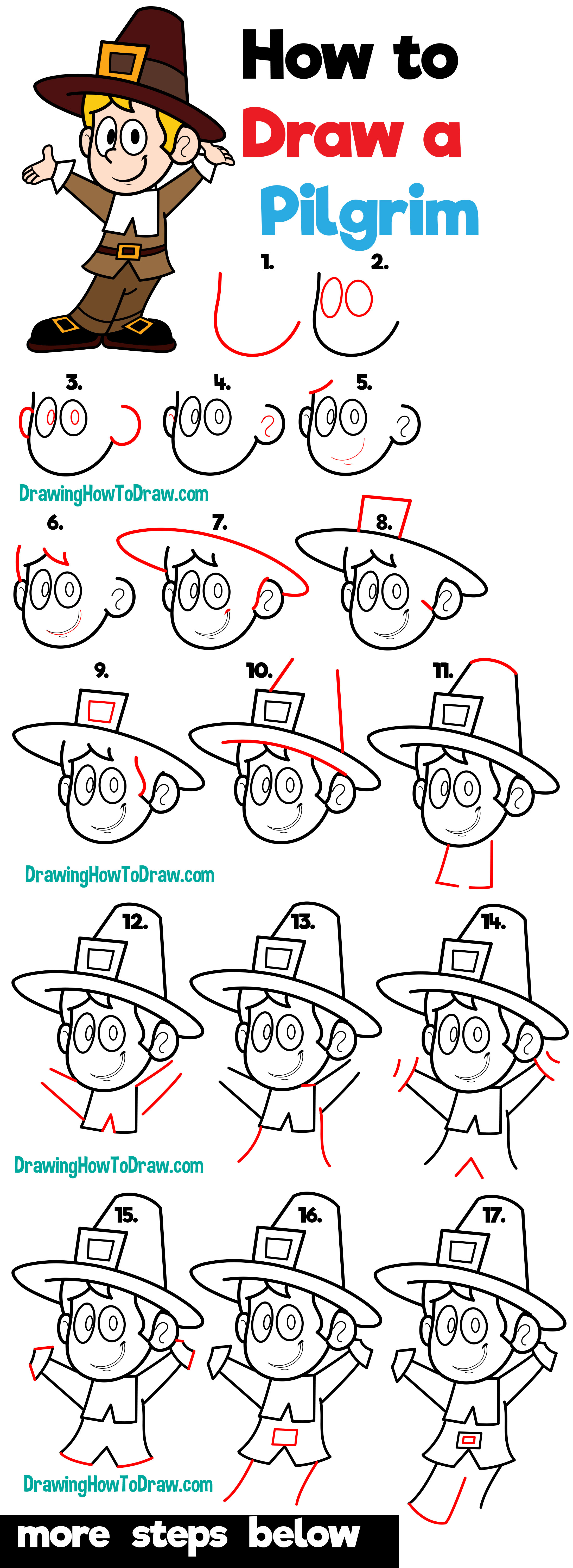 Learn How to Draw a Cartoon Pilgrim for Thanksgiving Easy Step by Step Drawing Tutorial for Beginners