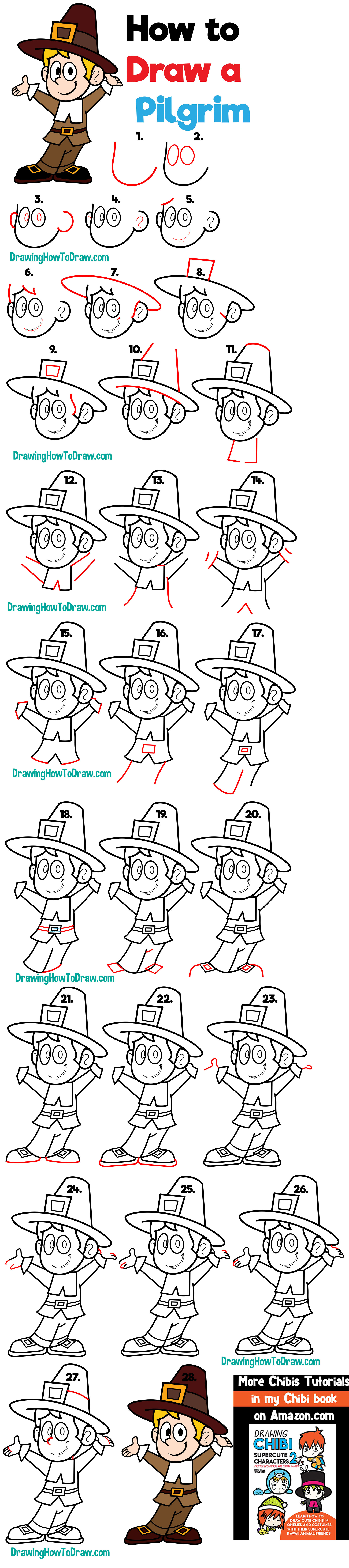 Today I'll show you how to draw a cute cartoon pilgrim for Thanksgiving. This cartoon pilgrim is pretty easy to draw and looks great for your Thanksgiving decorations. I will show you how to draw it with simple-to-follow steps.