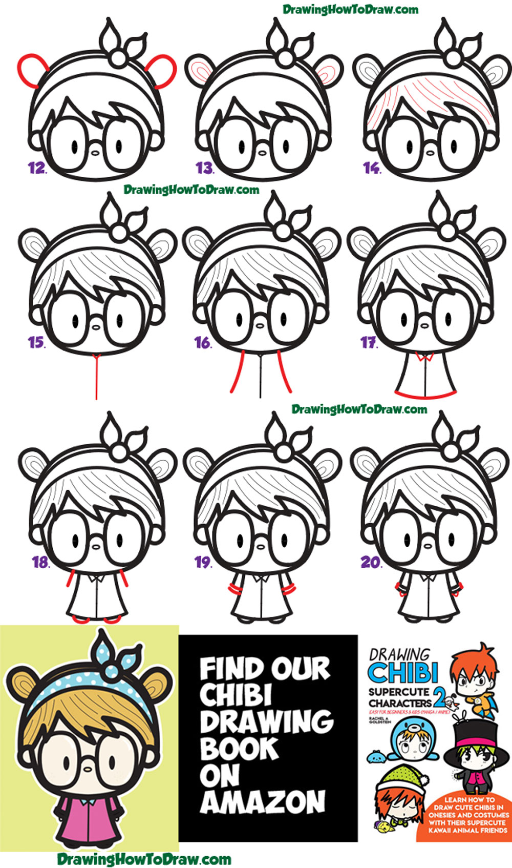 Learn How to Draw a Cute Kawaii Girl with Buns, Headband, and Glasses Simple Steps Drawing Lesson for Beginners