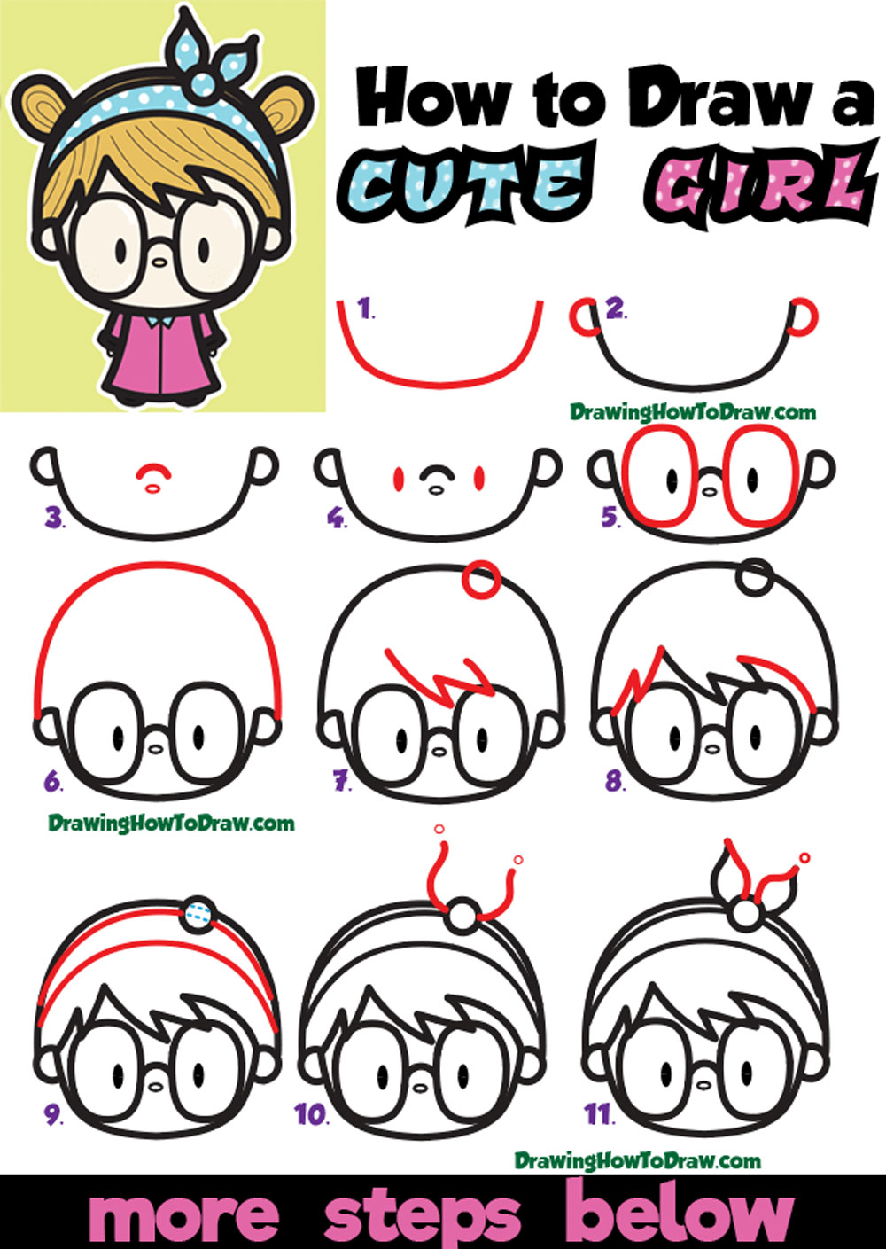 How To Draw A Cute Kawaii Girl With Buns Headband And Glasses Easy Step By Step How To Draw Step By Step Drawing Tutorials