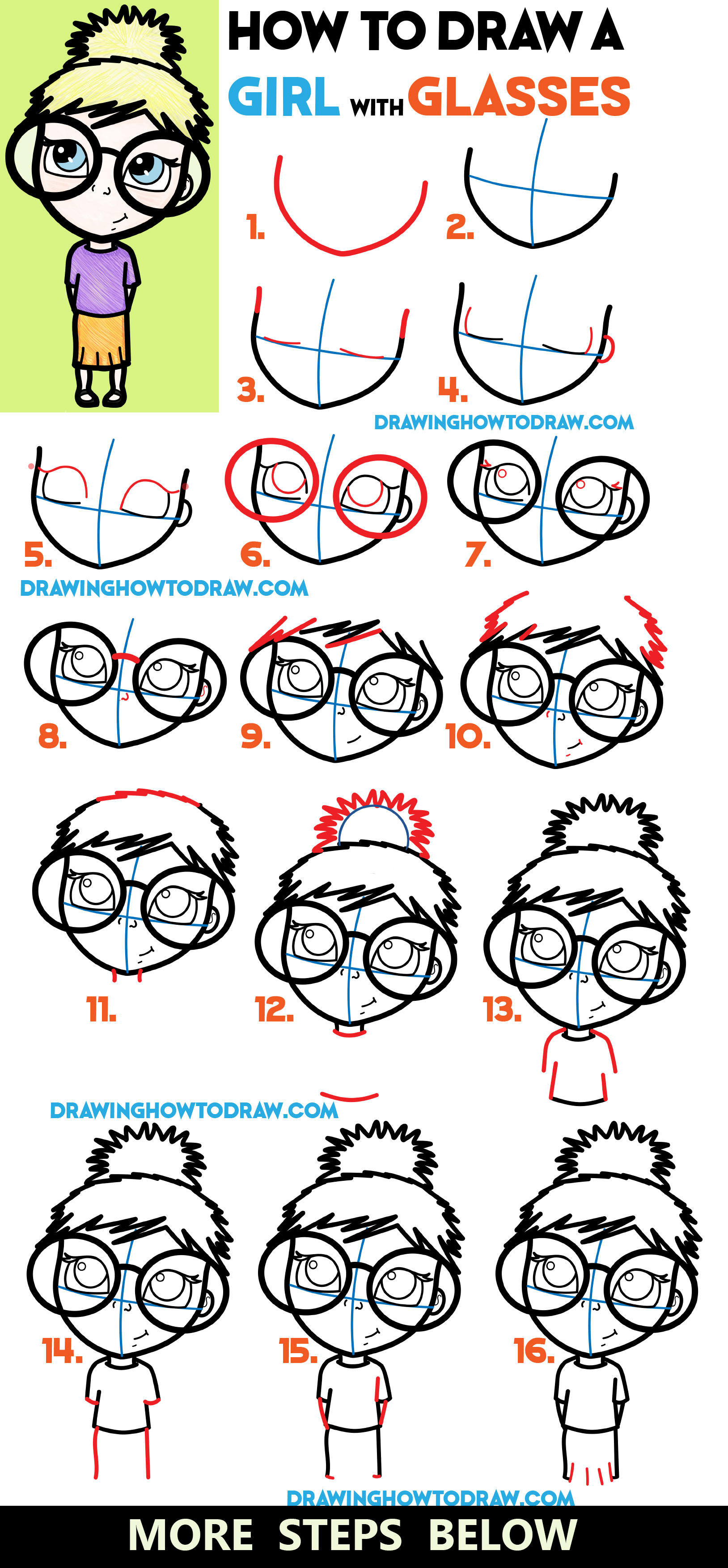 Learn How to Draw a Cute Girl with Glasses Illustration - Easy Steps Drawing Tutorial for Beginners