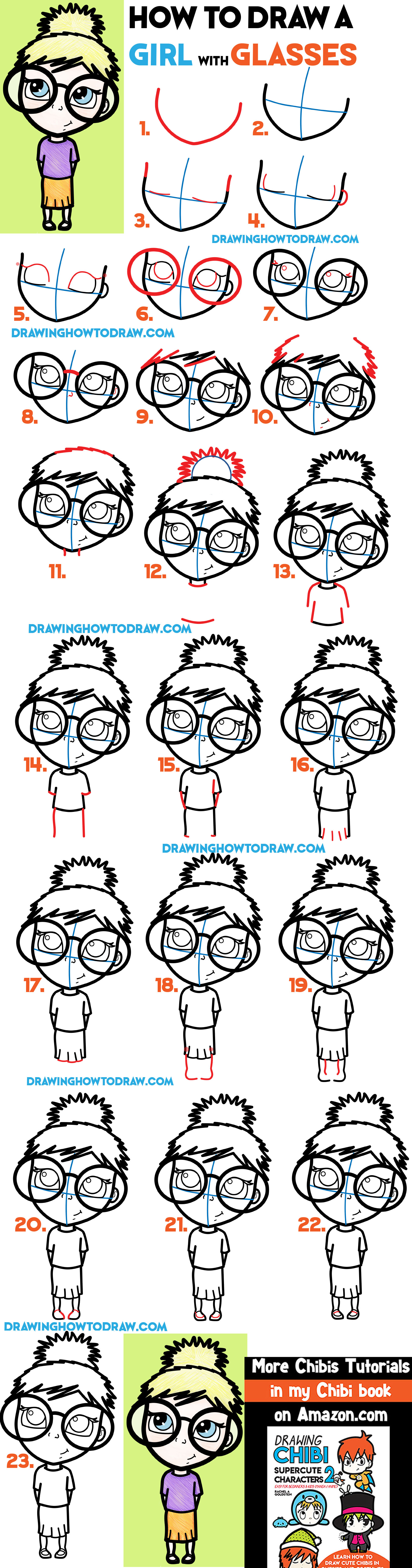 How To Draw A Cute Girl With Glasses Illustration Easy Steps