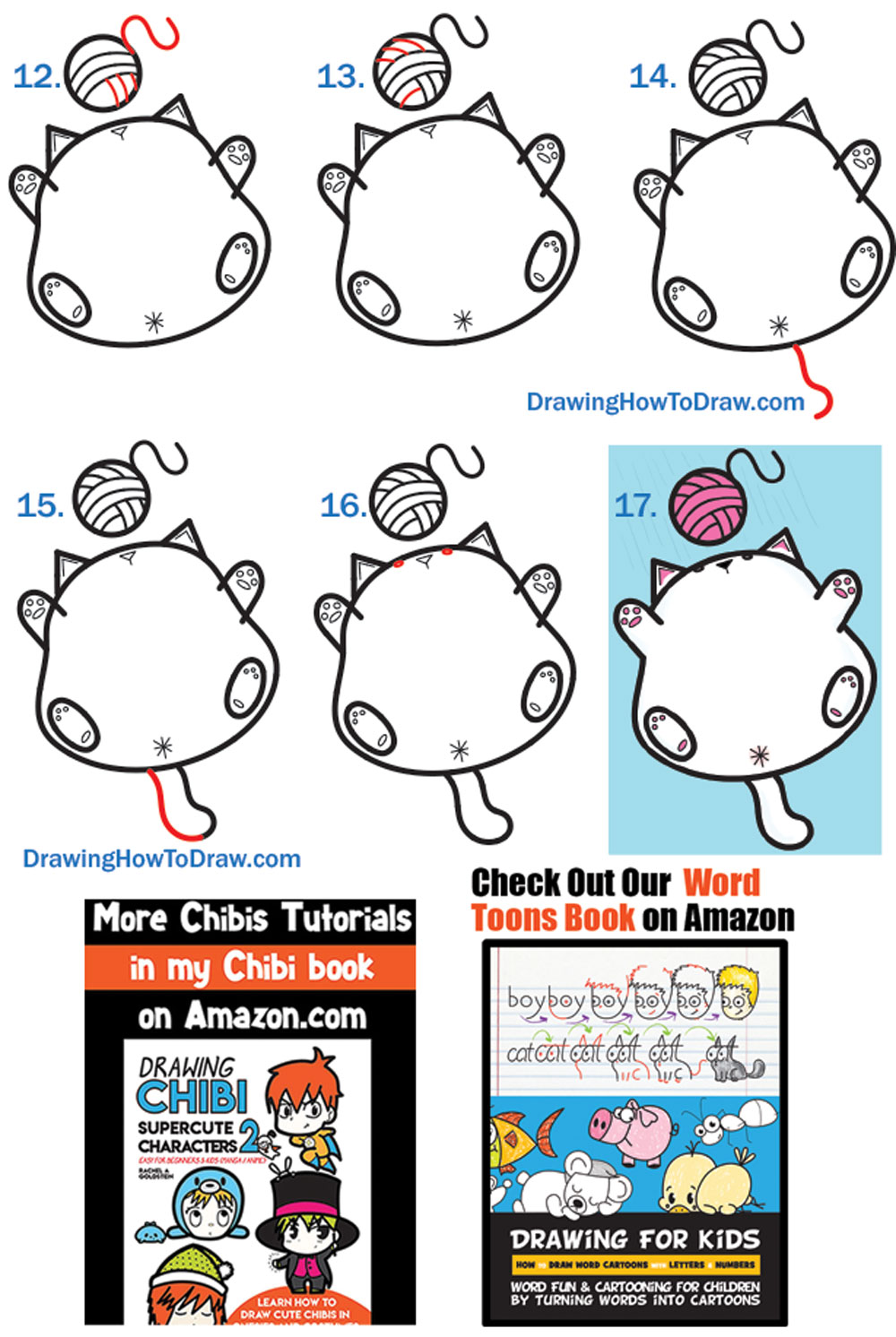 Learn How to Draw a Cute Chibi Fat Kitty Cat Playing with Yarn Easy Steps Drawing Lesson for Beginners