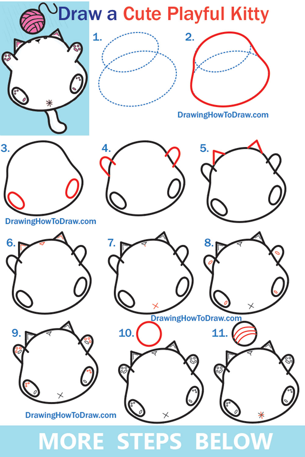 Learn How to Draw a Cute Kawaii Fat Kitty Cat Playing with Yarn on Back Easy Step by Step Drawing Tutorial for Kids