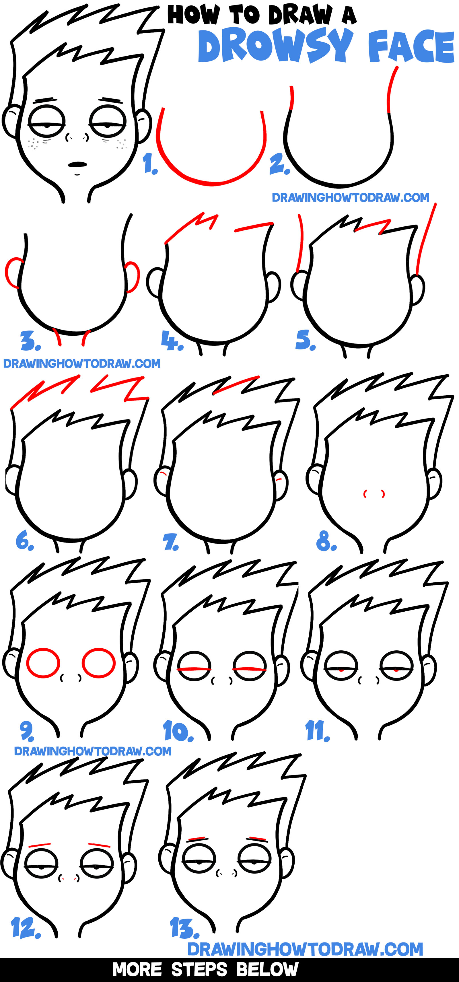 How to Draw Cartoon Facial Expressions : Drowsy, Tired, Feeling Sick - How  to Draw Step by Step Drawing Tutorials