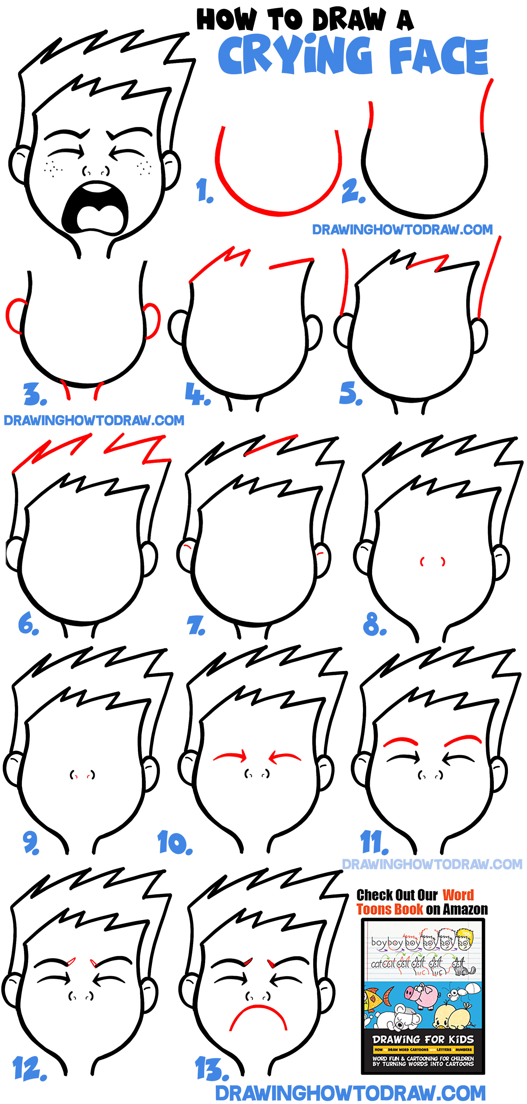 How to Draw Cartoon Facial Expressions : Crying, Sad, Sobbing, Bawling : Simple Lesson for Kids