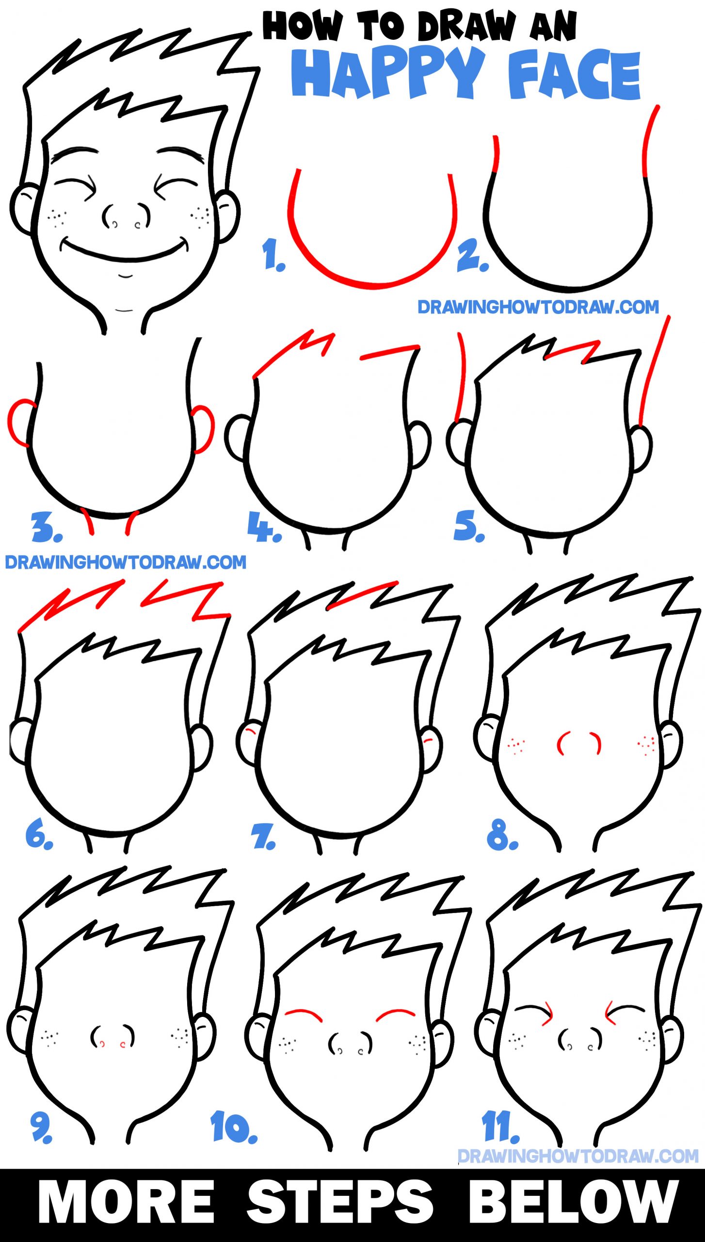 How to Draw Cartoon Facial Expressions : Happy, Smiling, Grinning Ear to Ear
