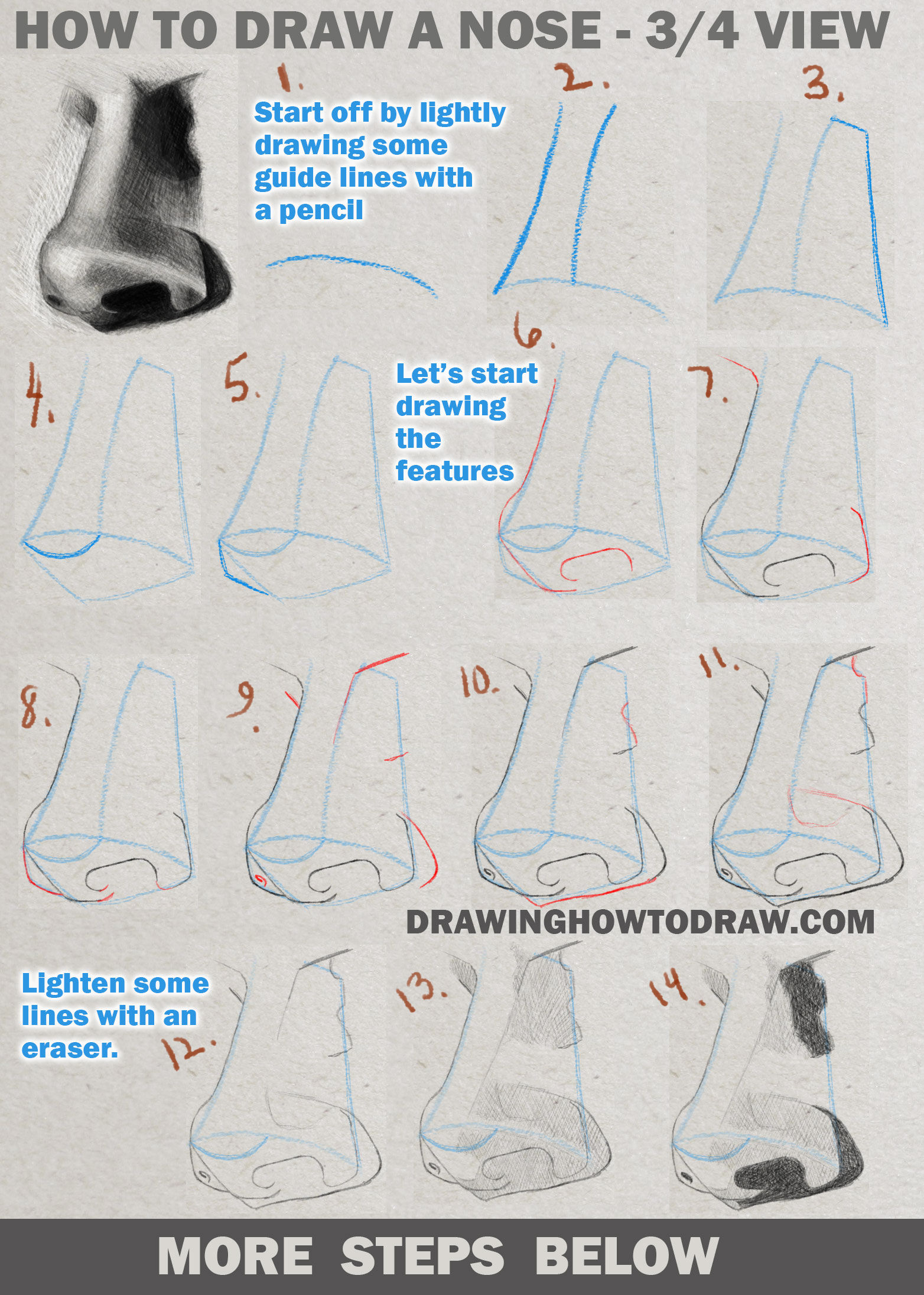 Drawing And Shading A Realistic Nose In 3 4 View In Pencil Or Graphite Easy Step By Step Tutorial How To Draw Step By Step Drawing Tutorials