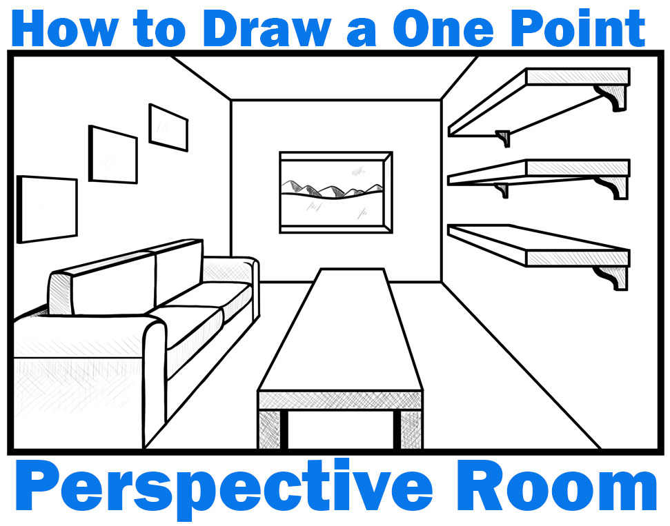 guide to drawing a room couch, shelves,window and table in 1 point perspective