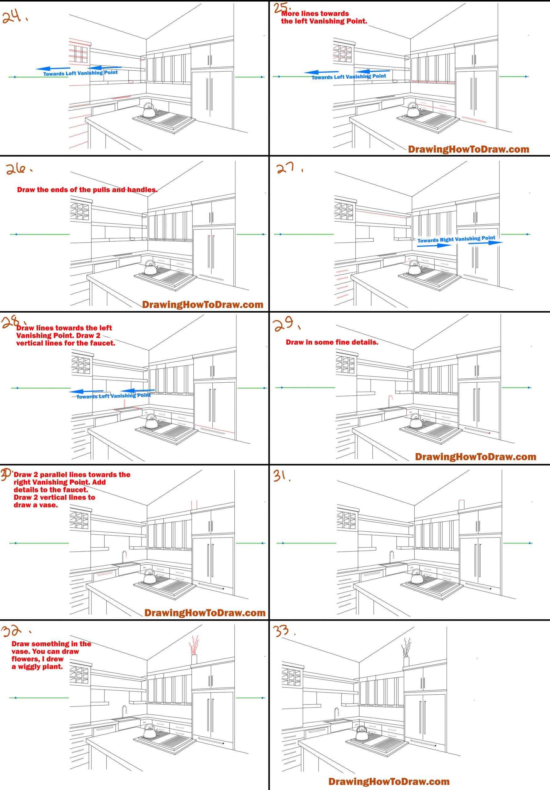 Drawing in Two Point Perspective - Kitchen - Interior Easy Step by Step Lesson