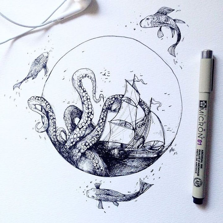 intricate imaginative black and white illustrations