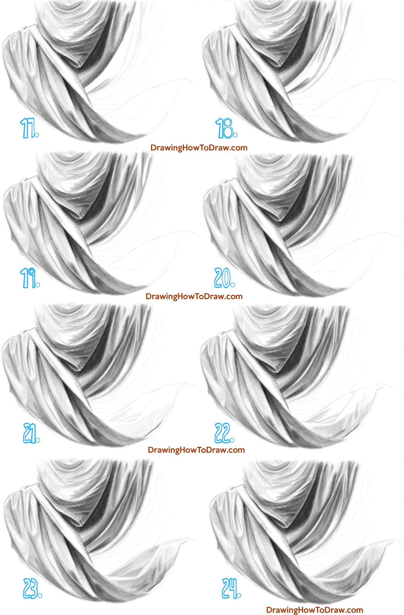 How to Draw Draped Fabric with Creased Folds, Wrinkles on Clothing Fabric and Drapery step by step drawing tutorial easy
