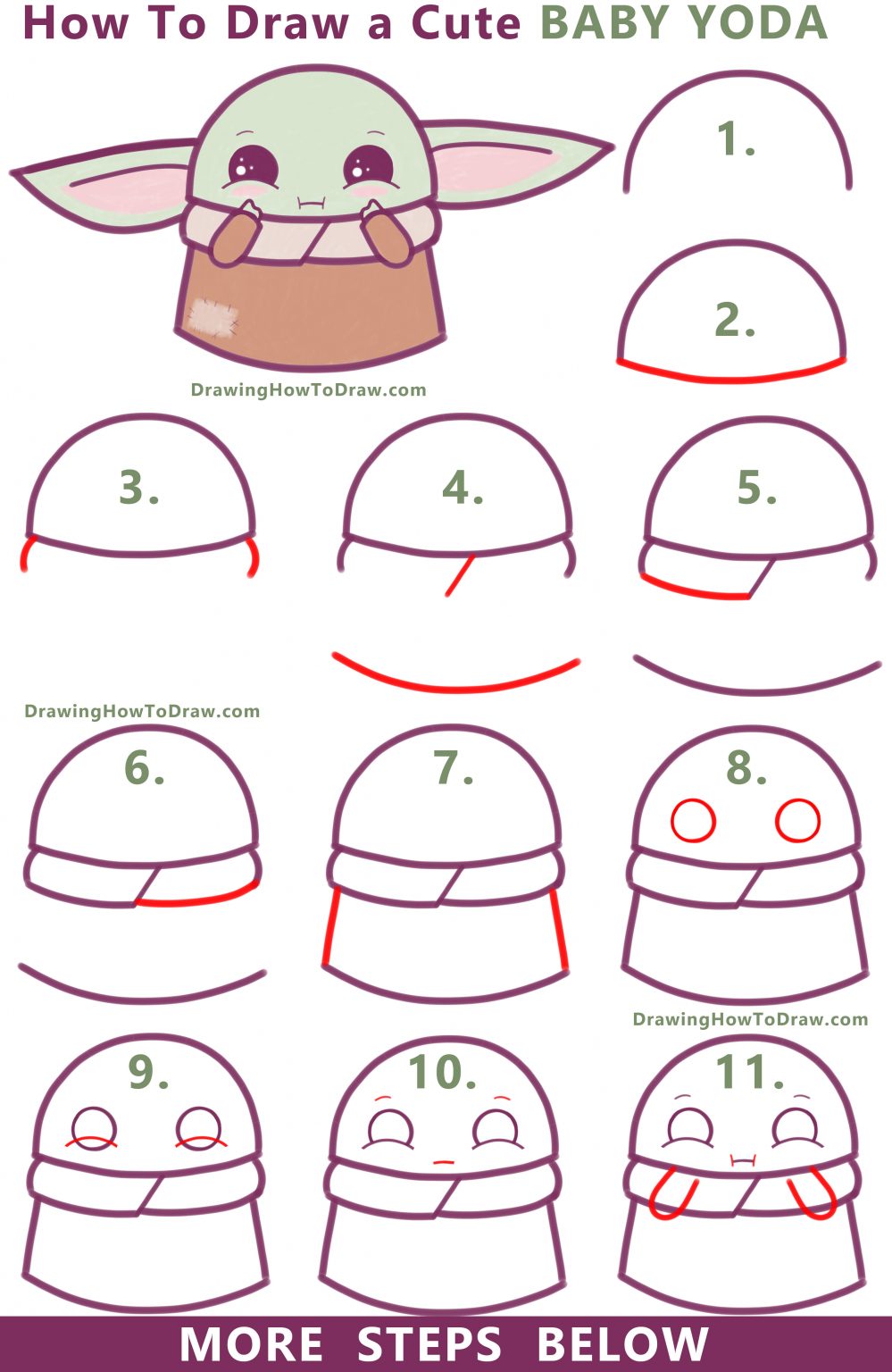 How to Draw a Cute Cartoon Baby Yoda (Kawaii / Chibi) Easy Step by Step
