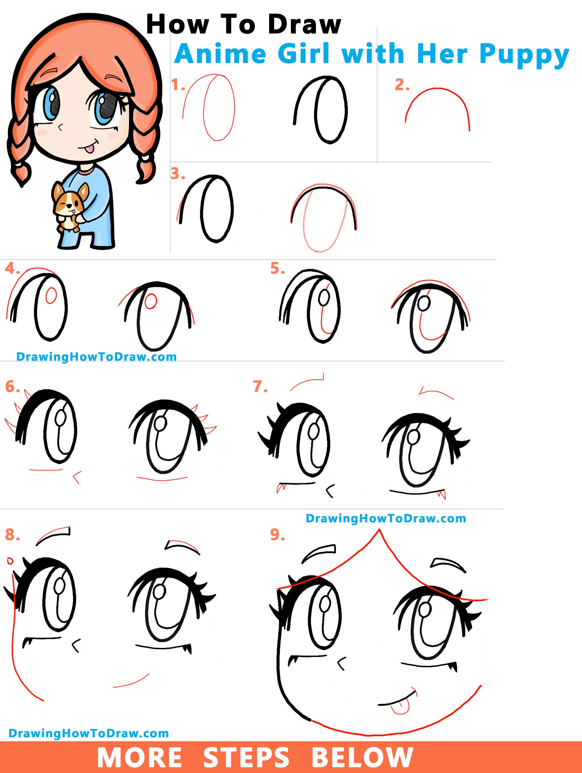 Learn How to Draw Anime / Manga / Chibi Girl with her Corgi Puppy Easy Step by Step Drawing Tutorial