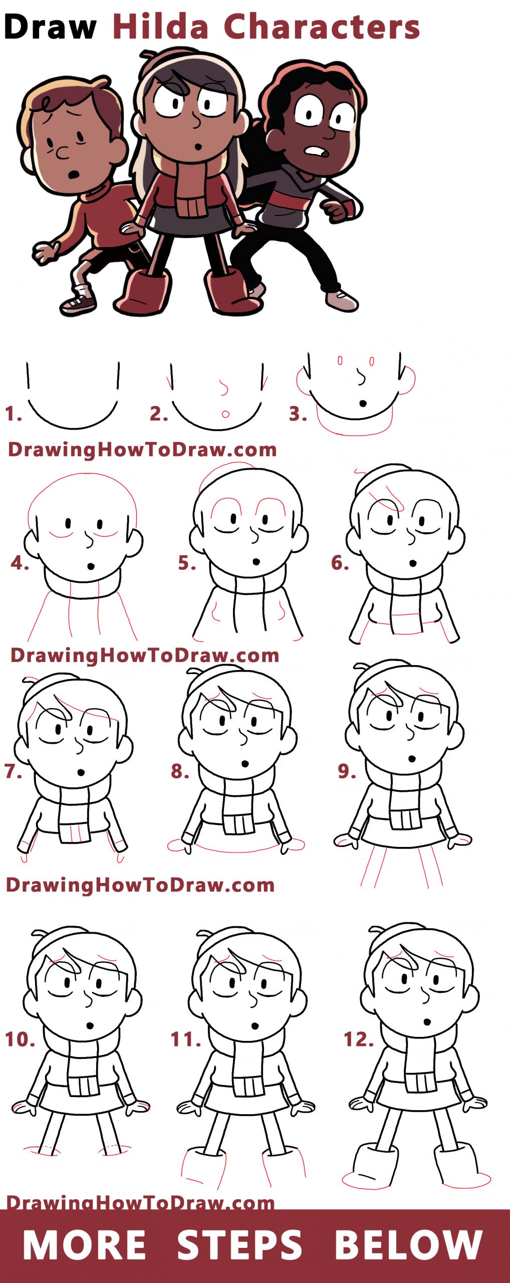 Learn How to Draw Hilda Characters (Hilda, David, and Frida) Easy Step by Step Drawing Tutorial for Kids