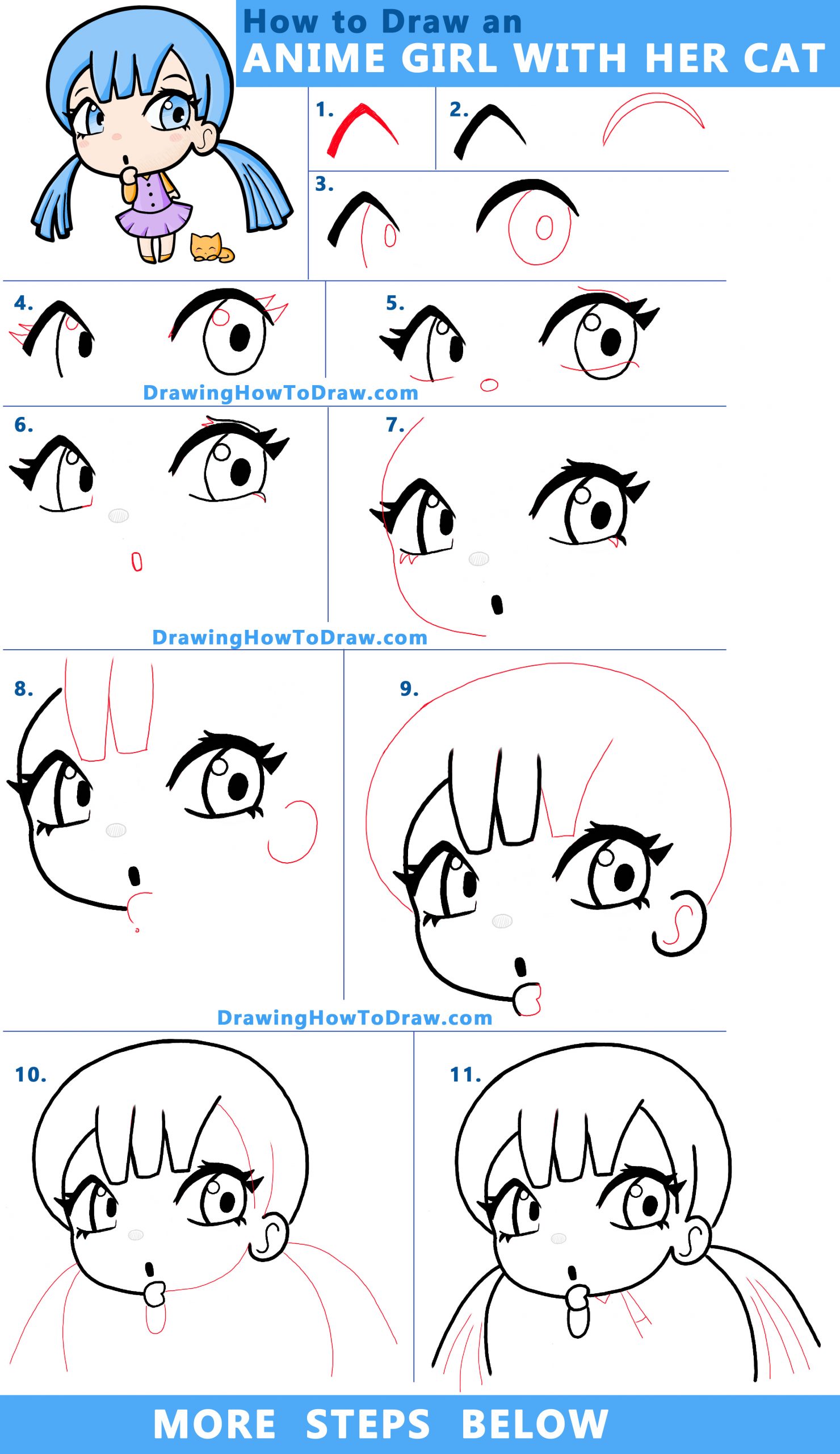How to Draw a Cute Manga / Anime / Chibi Girl with her Kitty Cat - Easy Step by Step Drawing Lesson
