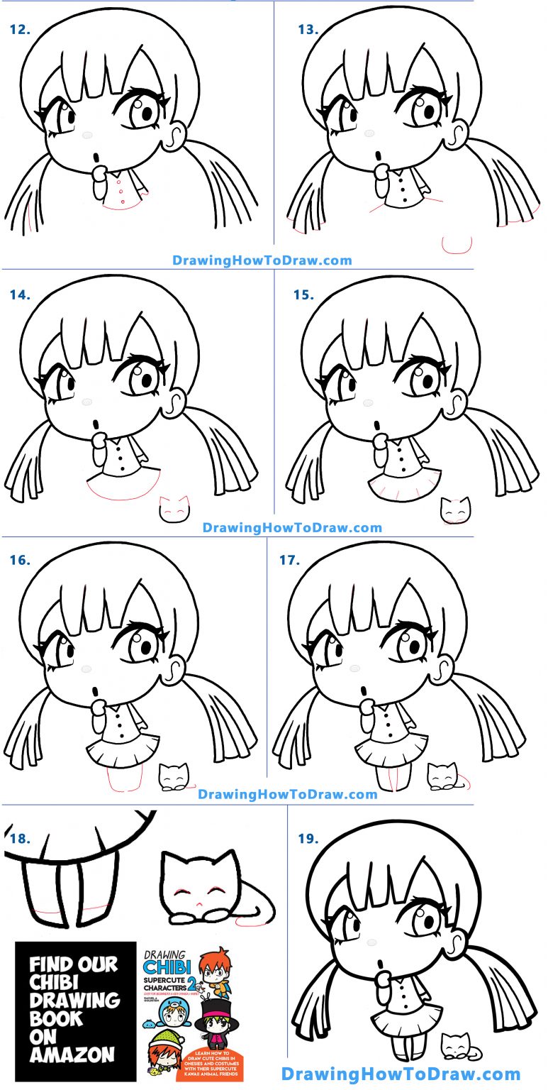 How to Draw a Cute Manga / Anime / Chibi Girl with her Kitty Cat - Easy