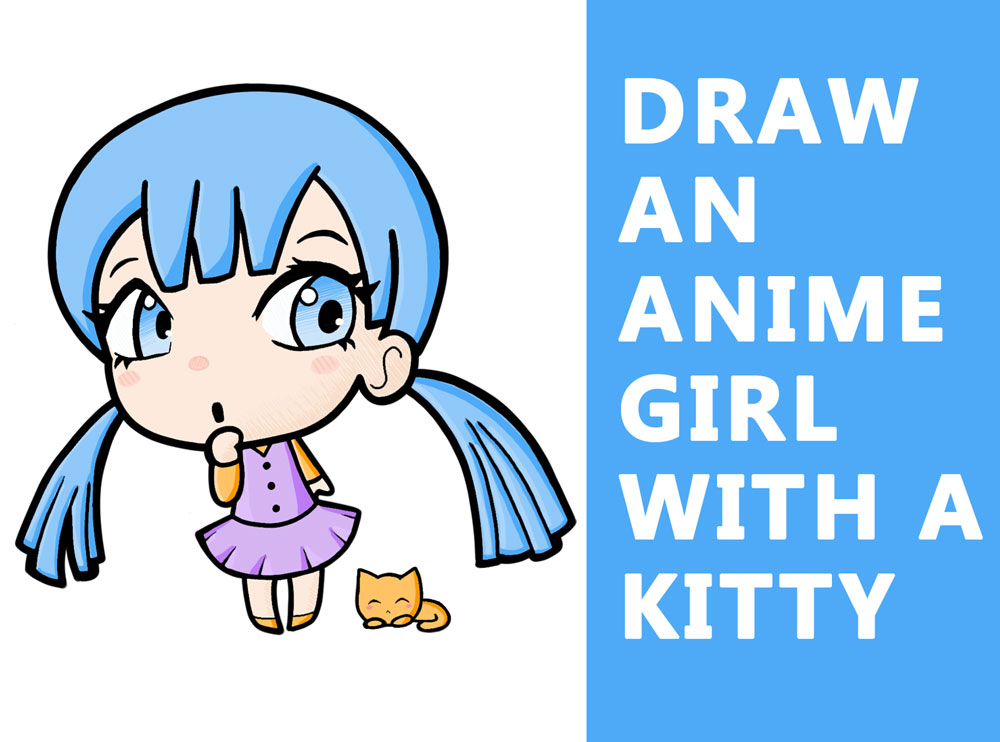 How to Draw a Cute Manga / Anime / Chibi Girl with her Kitty Cat - Easy Step by Step Drawing Lesson
