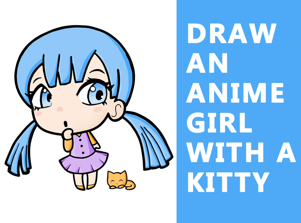 Cute Anime girl with her kawaii cat