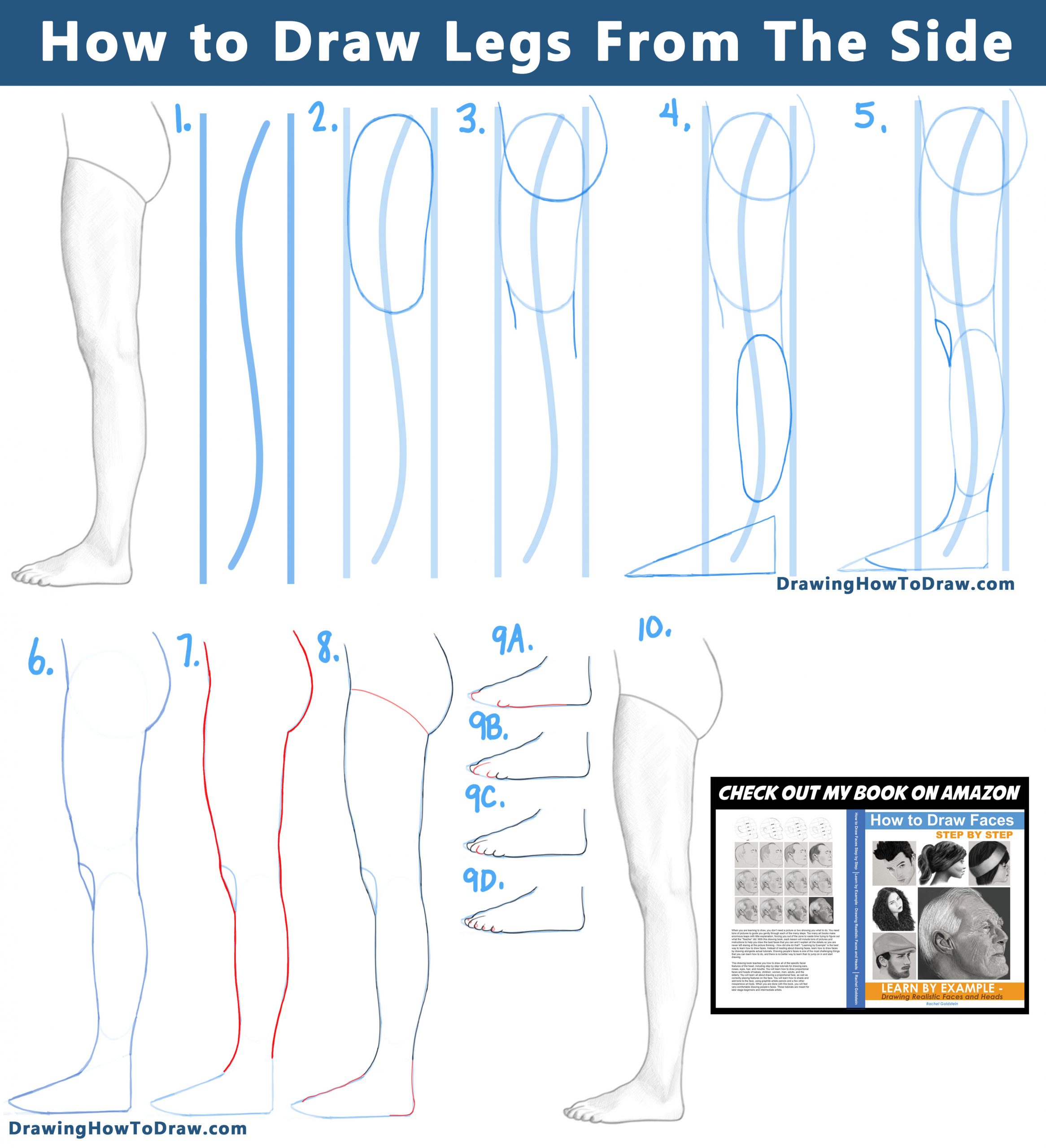 How to draw legs and feet from the side view - easy step by step drawing tutorial