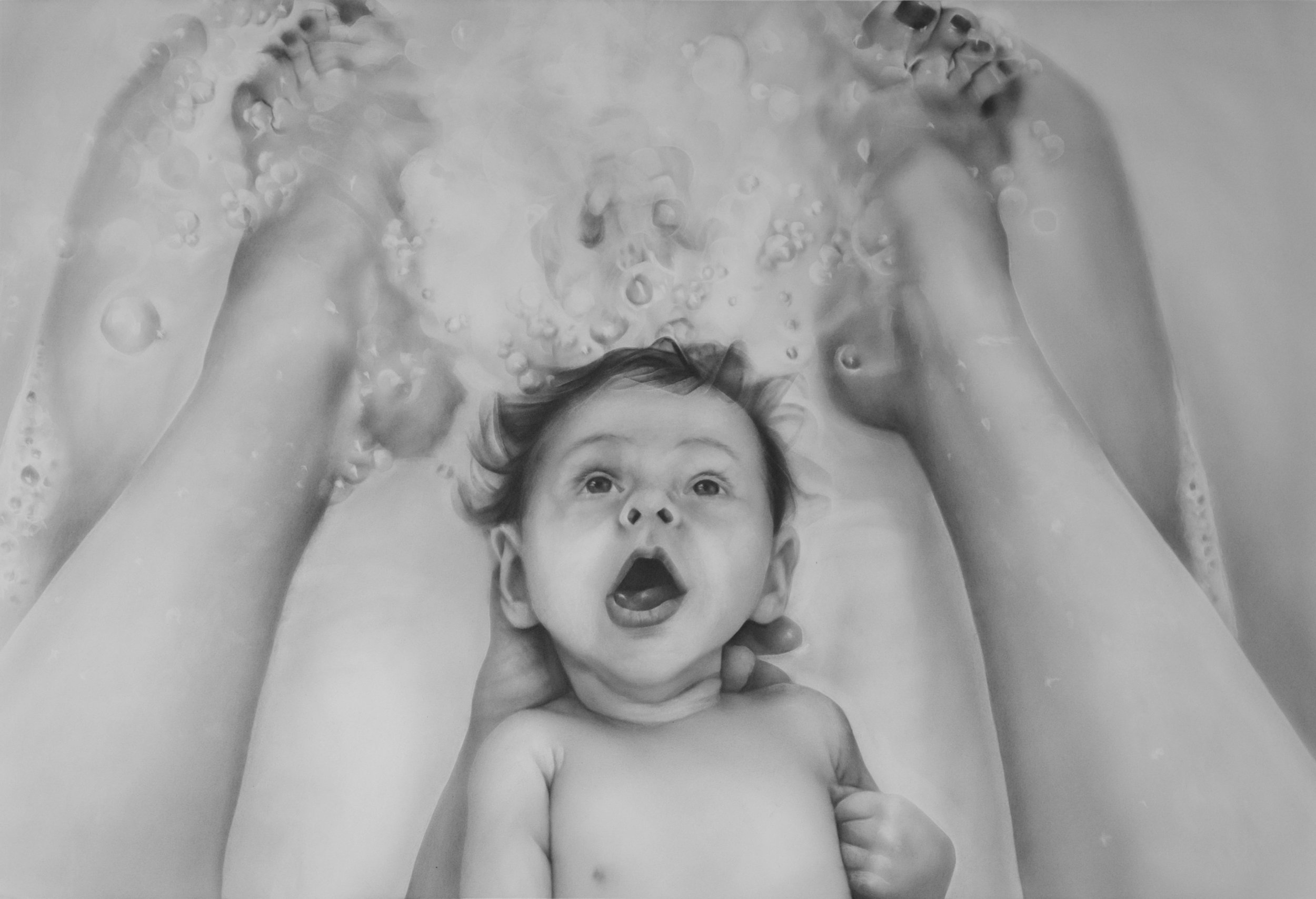 Mom and baby bathing together - graphite pencil drawing - ultra realistic - melissa cooke - inspirationala