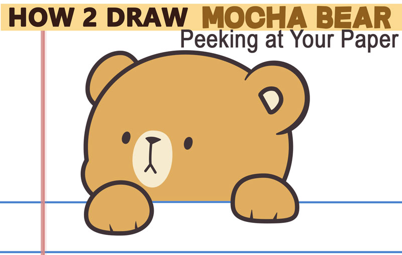 Learn How to Draw The Brown Kawaii Bear from Milk and Mocha Peering Over Lined Paper - Simple Step by Step Drawing Lesson