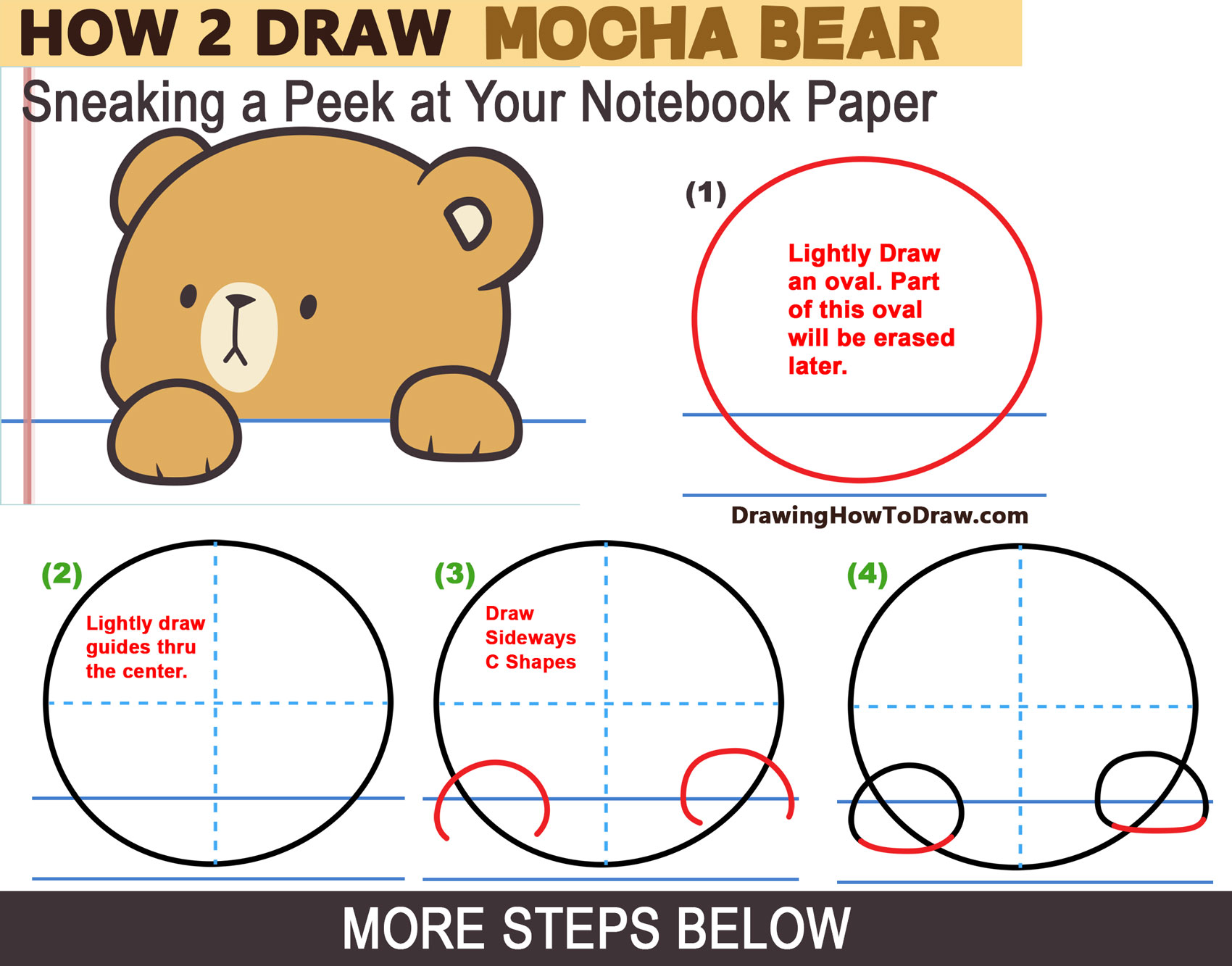 Learn How to Draw The Brown Kawaii Bear from Milk and Mocha Peering Over Lined Paper - Simple Step by Step Drawing Tutorial