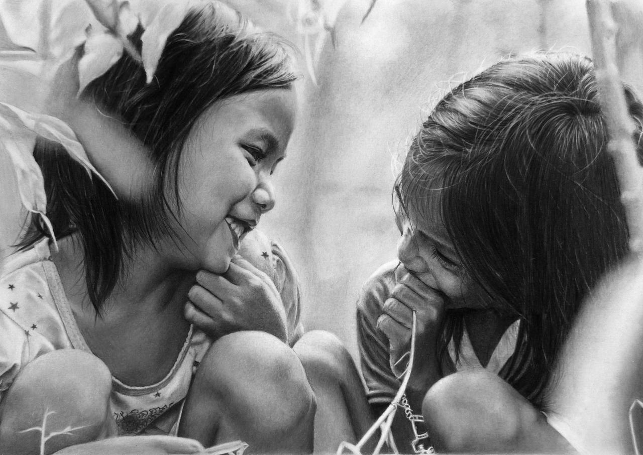LateStarter63 drew an ultrarealistic portrait in graphite pencil of 2 little girls