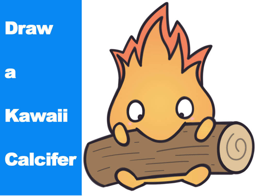 How to Draw Calcifer Eating a Log (Cute Kawaii) from Howl's Moving Castle Easy Step by Step Drawing Tutorial