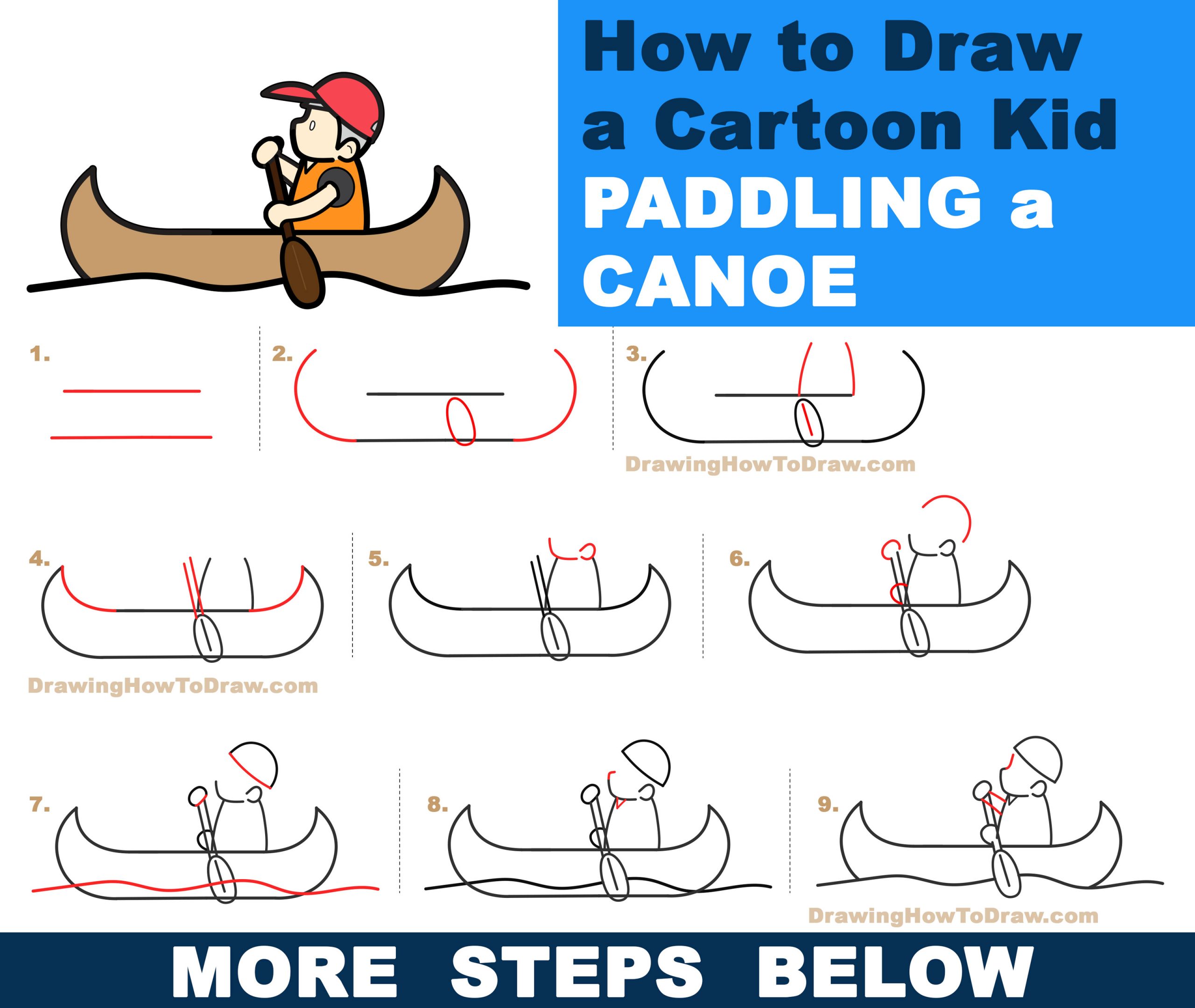 How to Draw a Cartoon Kid Paddling a Canoe Easy Step by Step Drawing Tutorial for Kids