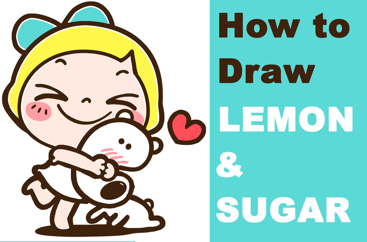 How to Draw Lemon & Sugar Cute little cartoon girl hugging dog step by step drawing tutorial