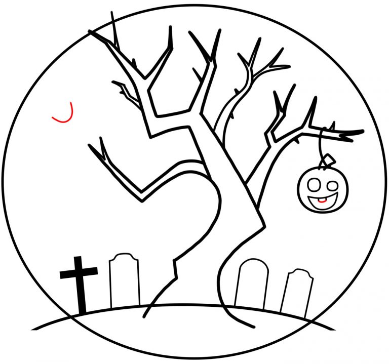 How to Draw a Halloween Graveyard Scene with a Silhouette of a Tree Step by Step Drawing