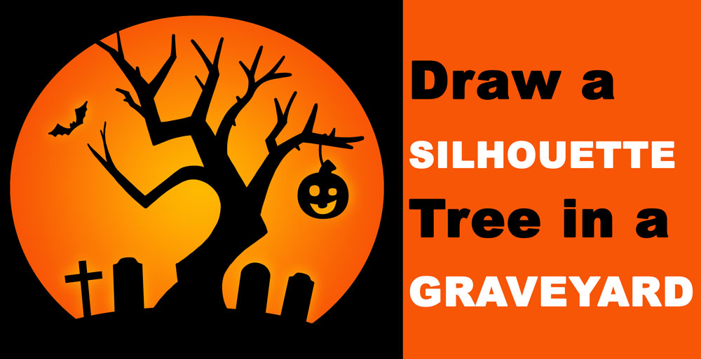 How to Draw a Halloween Graveyard Scene with a Silhouette of a Tree, a Bat, Graves, and a Jack-O-Lantern Step by Step Drawing Tutorial for Kids