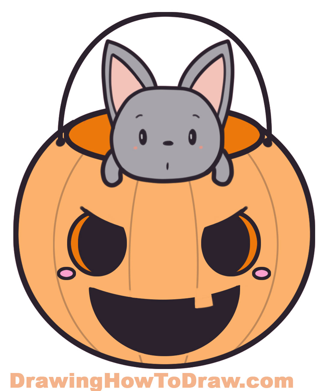 drawing a cute kawaii chibi cat in a pumpkin jack o lantern trick or treat candy basket easy step by step drawing tutorial for kids
