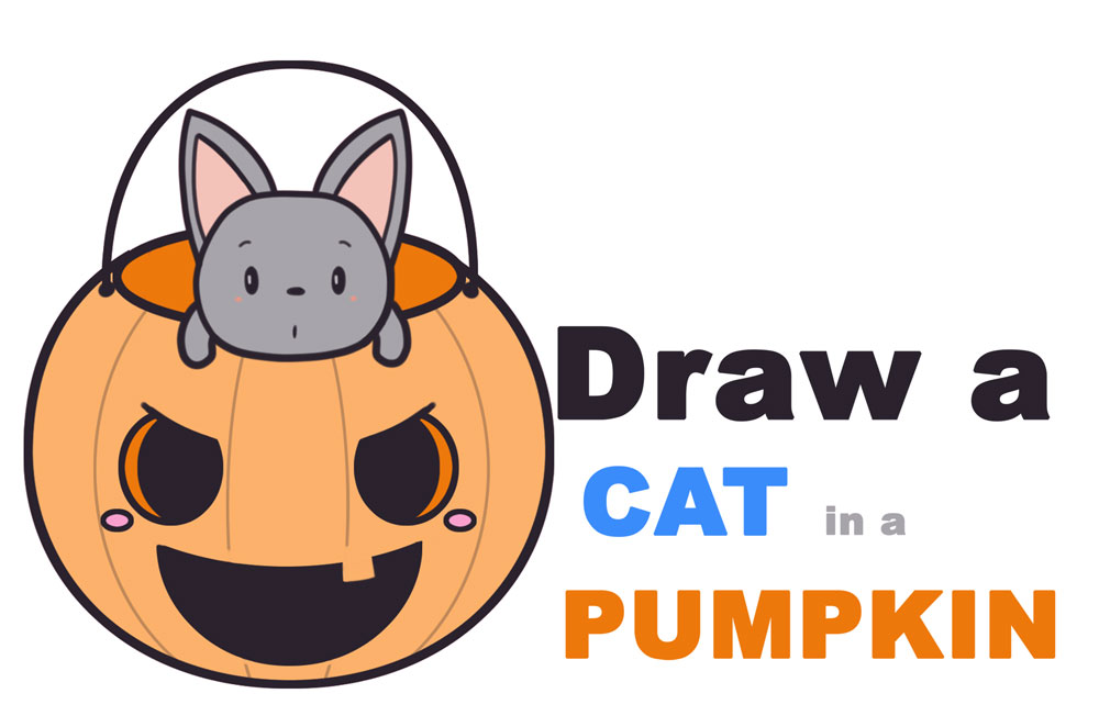 Learn How to Draw a Cute Kawaii Chibi Cat / Kitten in a Pumpkin Trick-or-Treat Basket Easy Steps Drawing Lesson