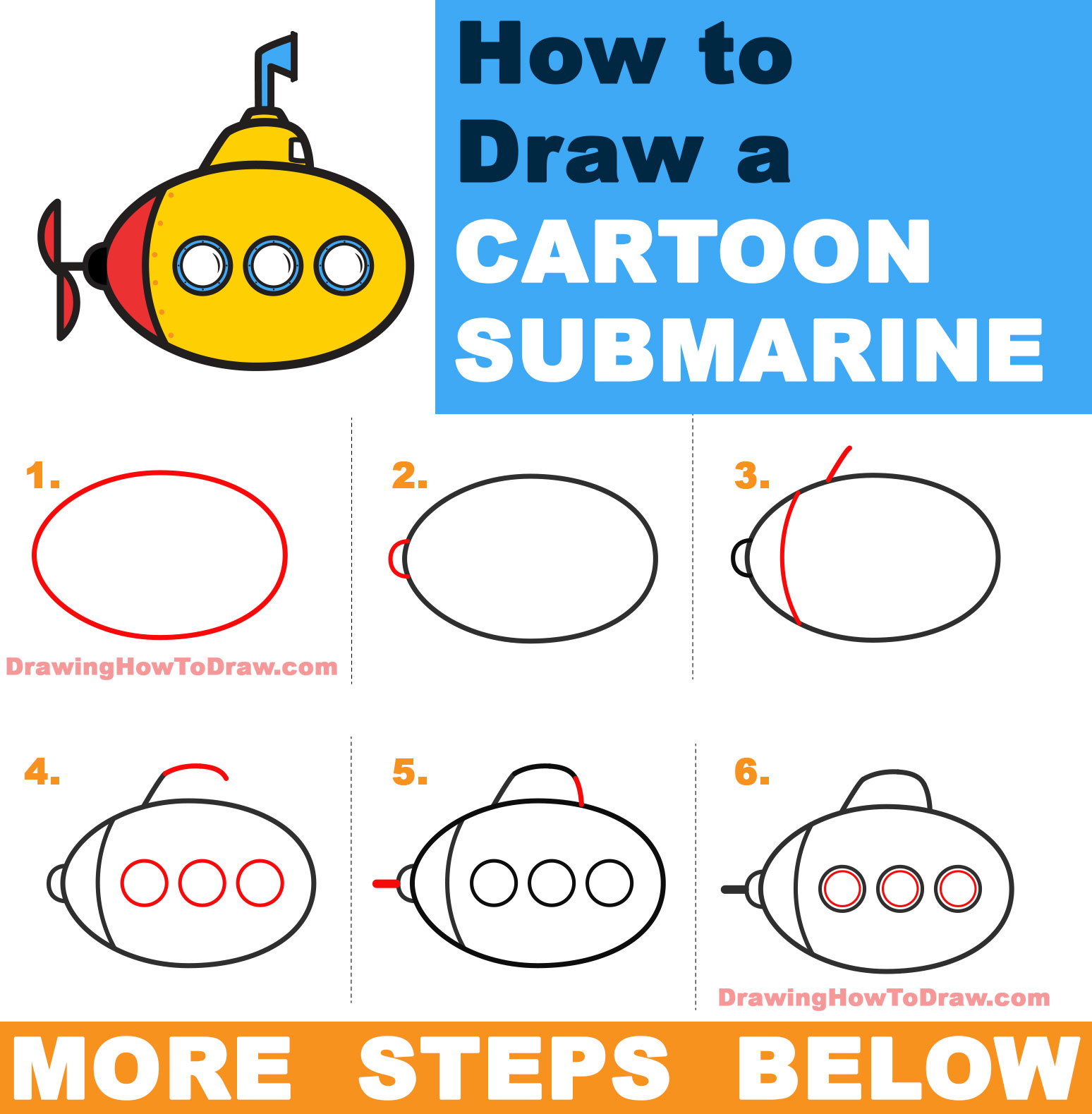 Learn How to Draw a Cartoon Submarine Easy Step-by-Step Drawing Tutorial for Kids