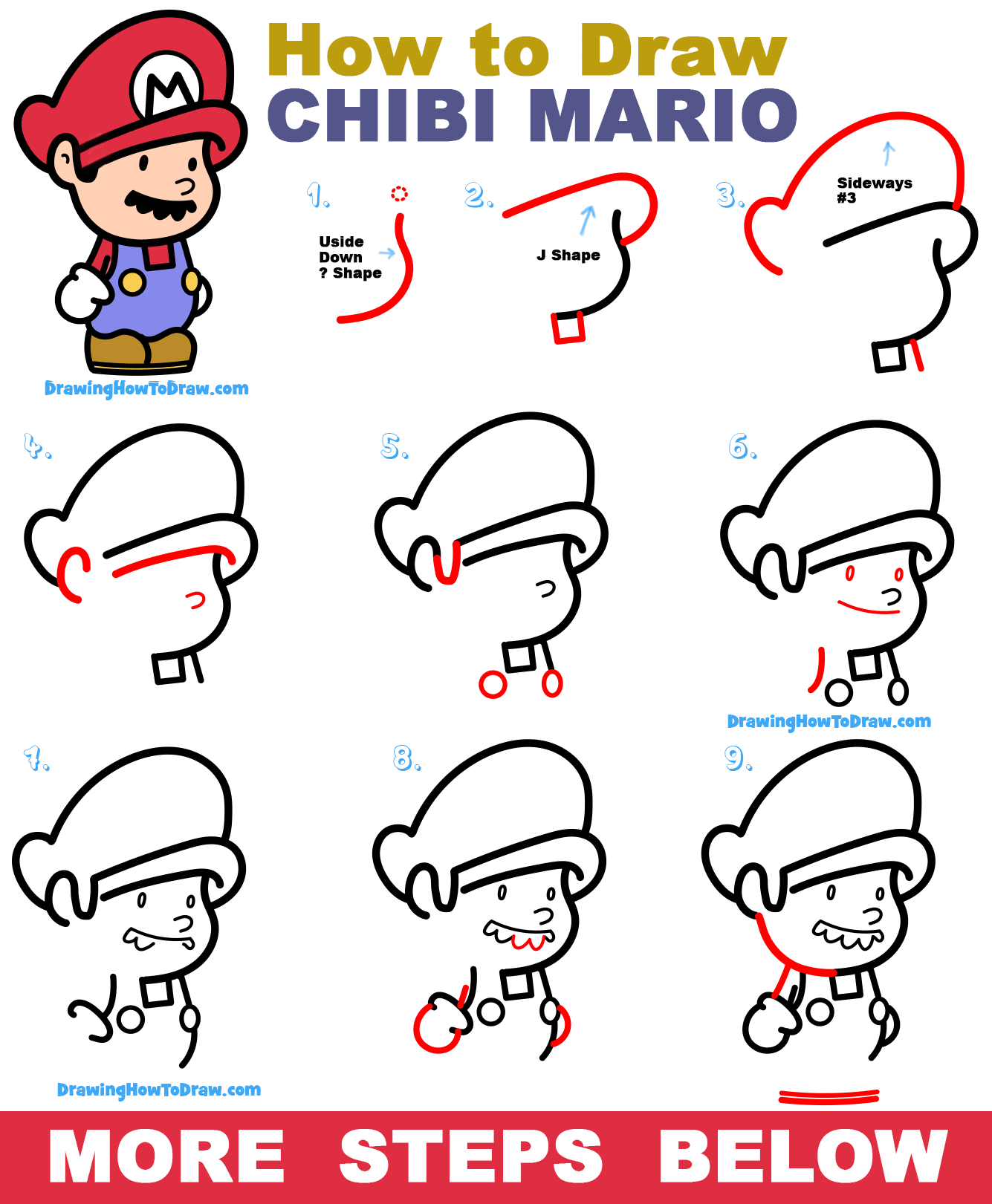 How to Draw a Cute Kawaii / Chibi Mario from Super Mario Bros Step by Step Drawing Tutorial
