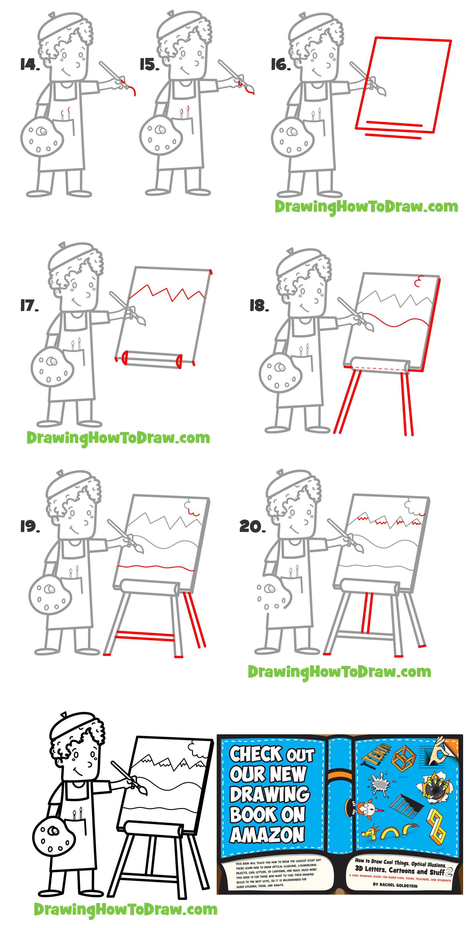 how to draw a cartoon artist or painter working at his easel simple steps drawing lesson for children
