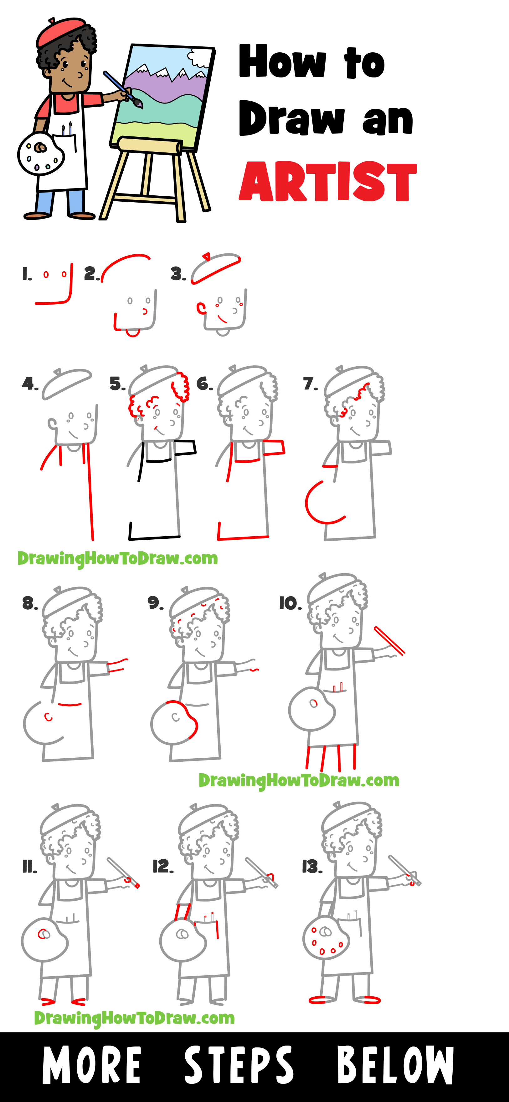 Learn How to Draw a Cartoon Artist / Painter and Easel Easy Step-by-Step Drawing Tutorial for Kids