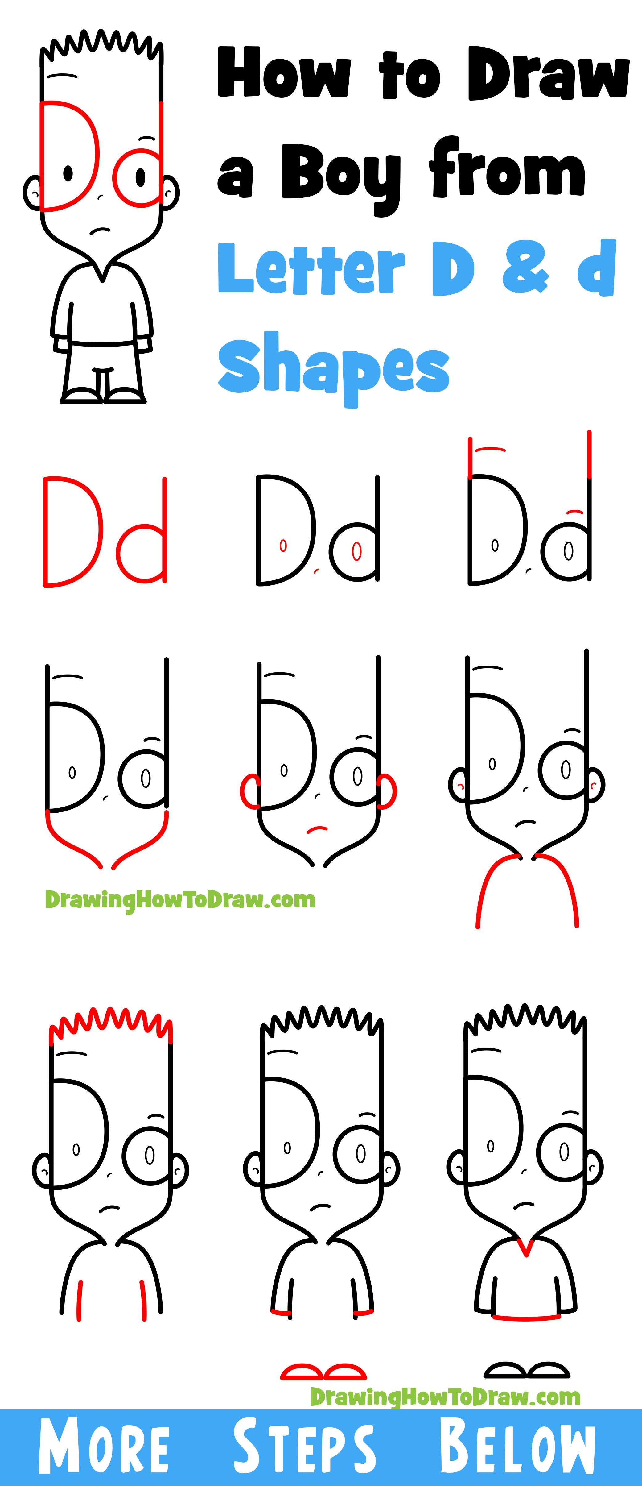 How to Draw a Cartoon Boy with Capital and Lowercase Letter D Shapes - Easy Step-by-Step Drawing Tutorial for Kids