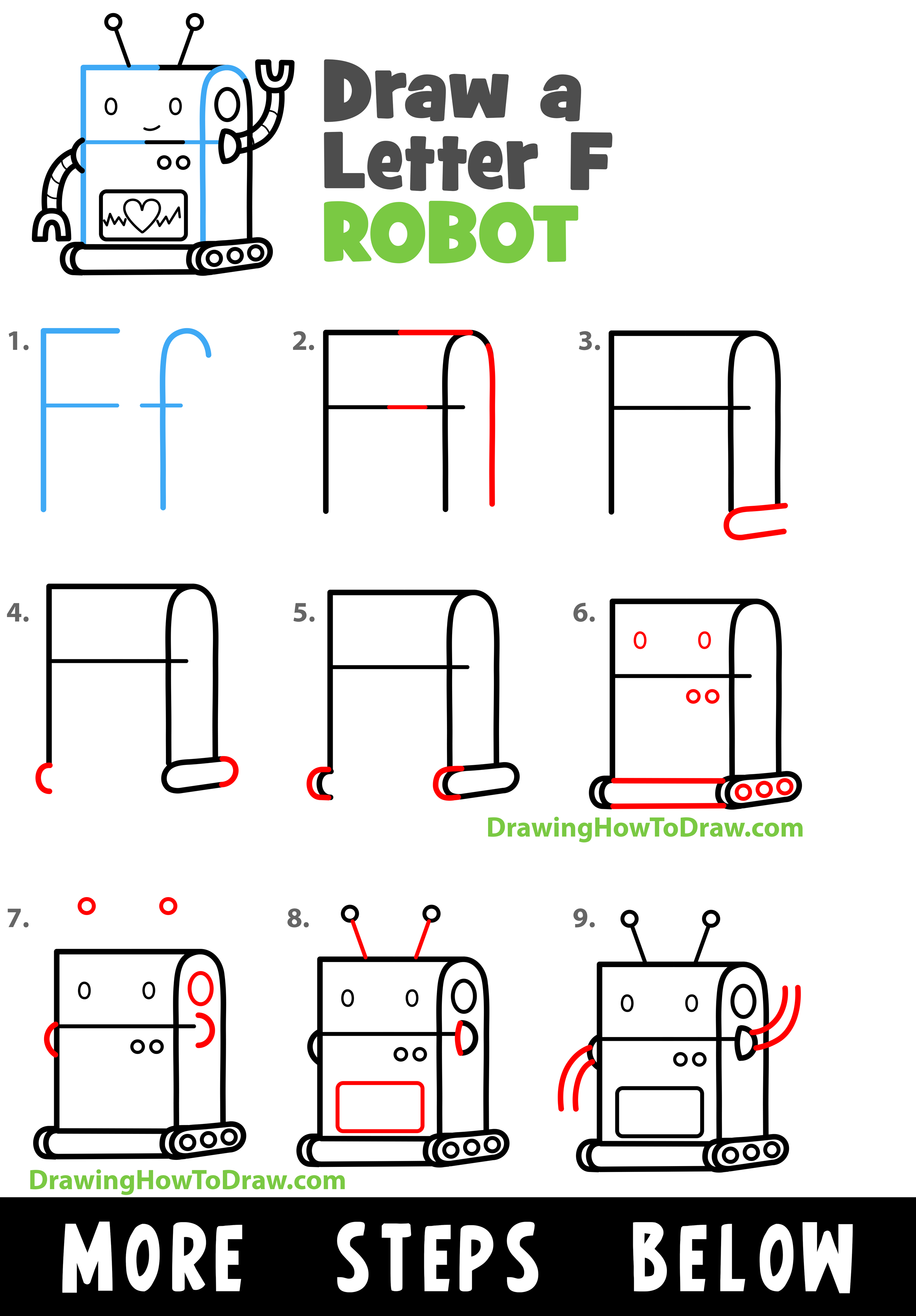 How to Draw a Cartoon Robot with Letter Ff Shapes - Easy Step-by-Step Drawing Tutorial for Kids