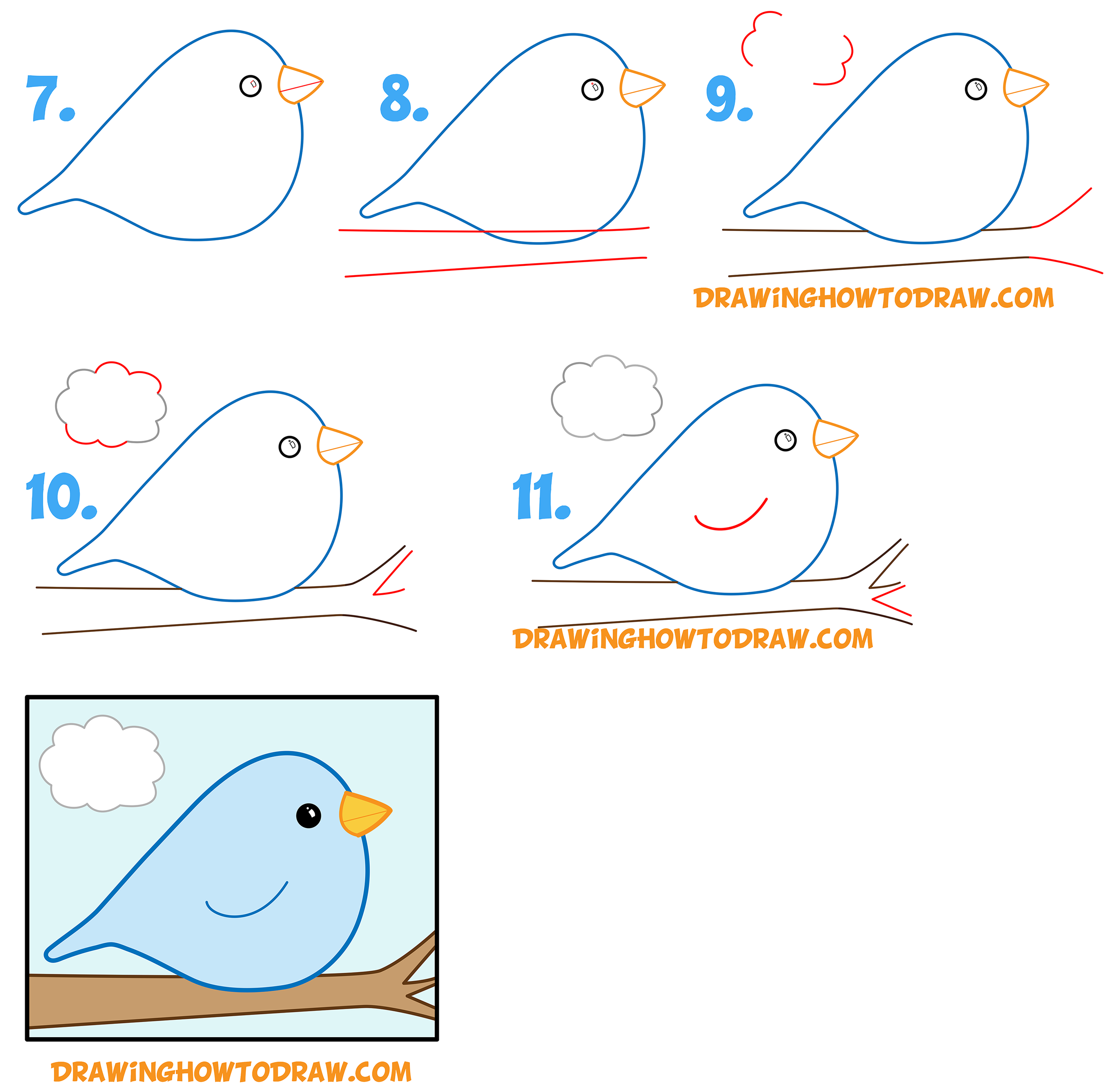 How to Draw a Cute Bird on a Branch Spring Artwork - Easy Step-by-Step Drawing Tutorial for Kids
