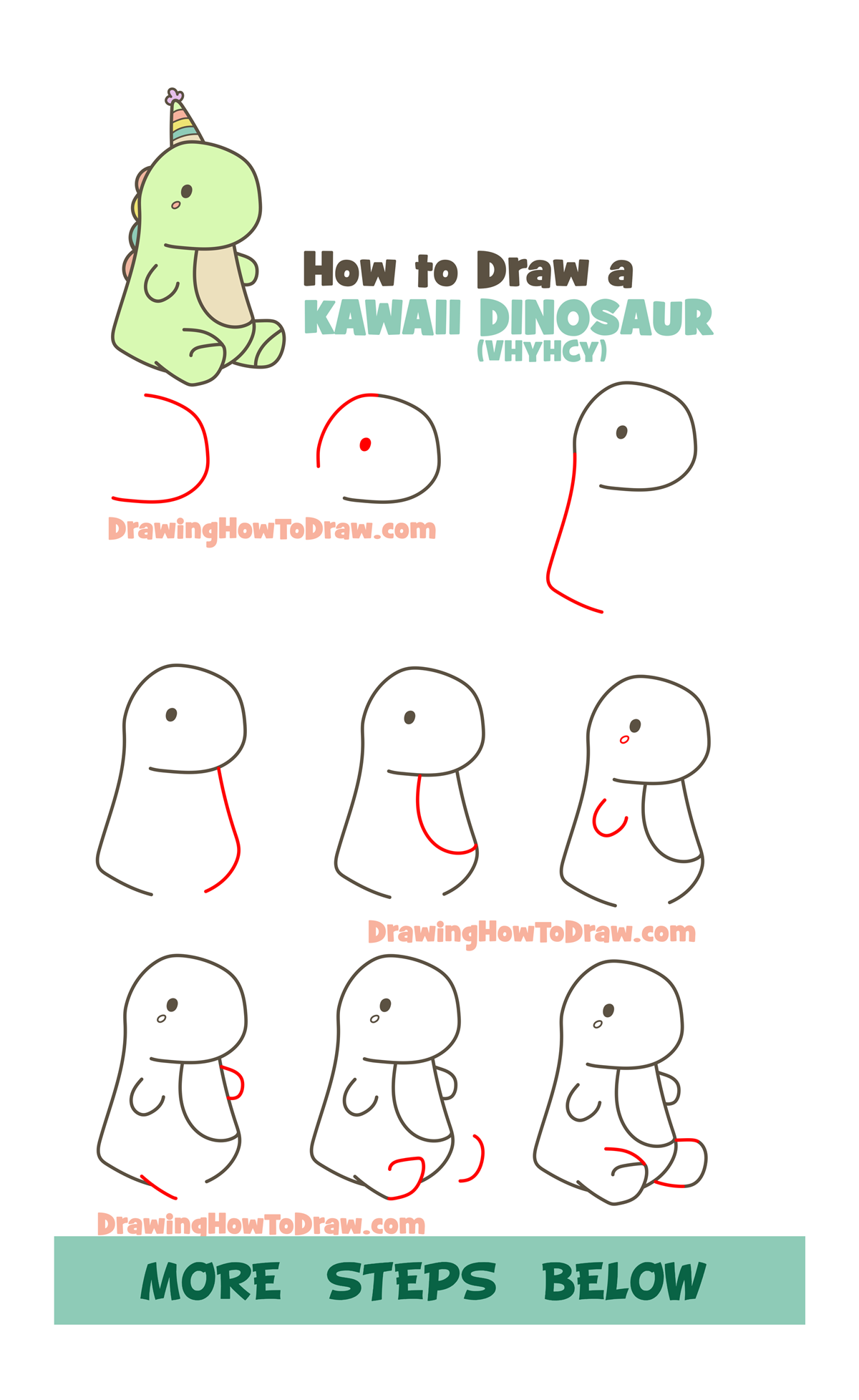 How to Draw a Cute Kawaii Dinosaur with a Birthday Hat on (VHYHCY Stuffed Animal Drawing) Easy Step by Step Drawing Tutorial